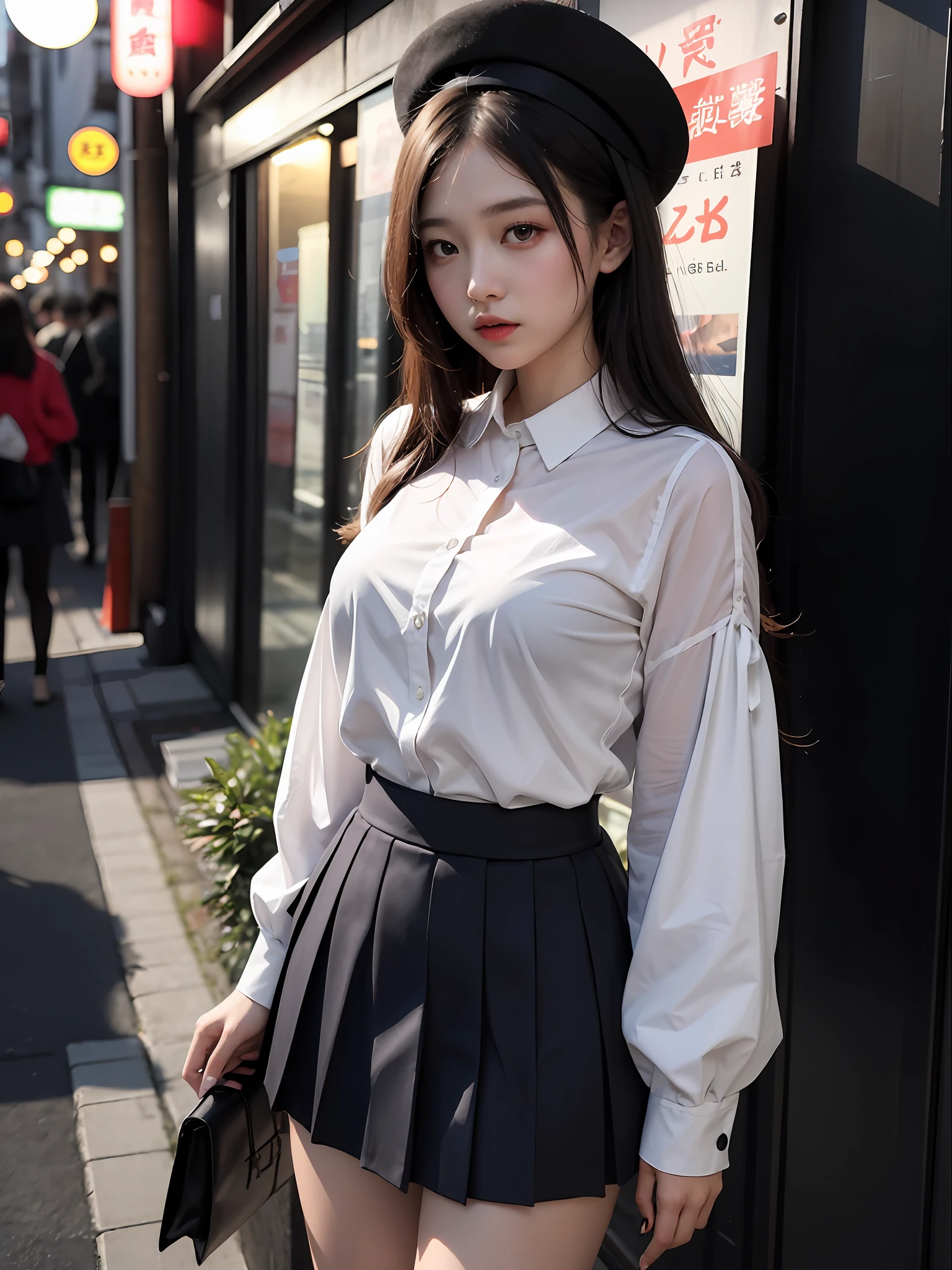 best qualtiy，tmasterpiece，超高分辨率，（realisticlying：1.4），RAW photogr，（perfect body type），dynamicposes，1 Girl Japan，waist-up，独奏，Short pleated skirt，shirt，Headwear bow，in the darkness nigth，the night，Have on the street，deep shading，low tune，Cold light 12000K，