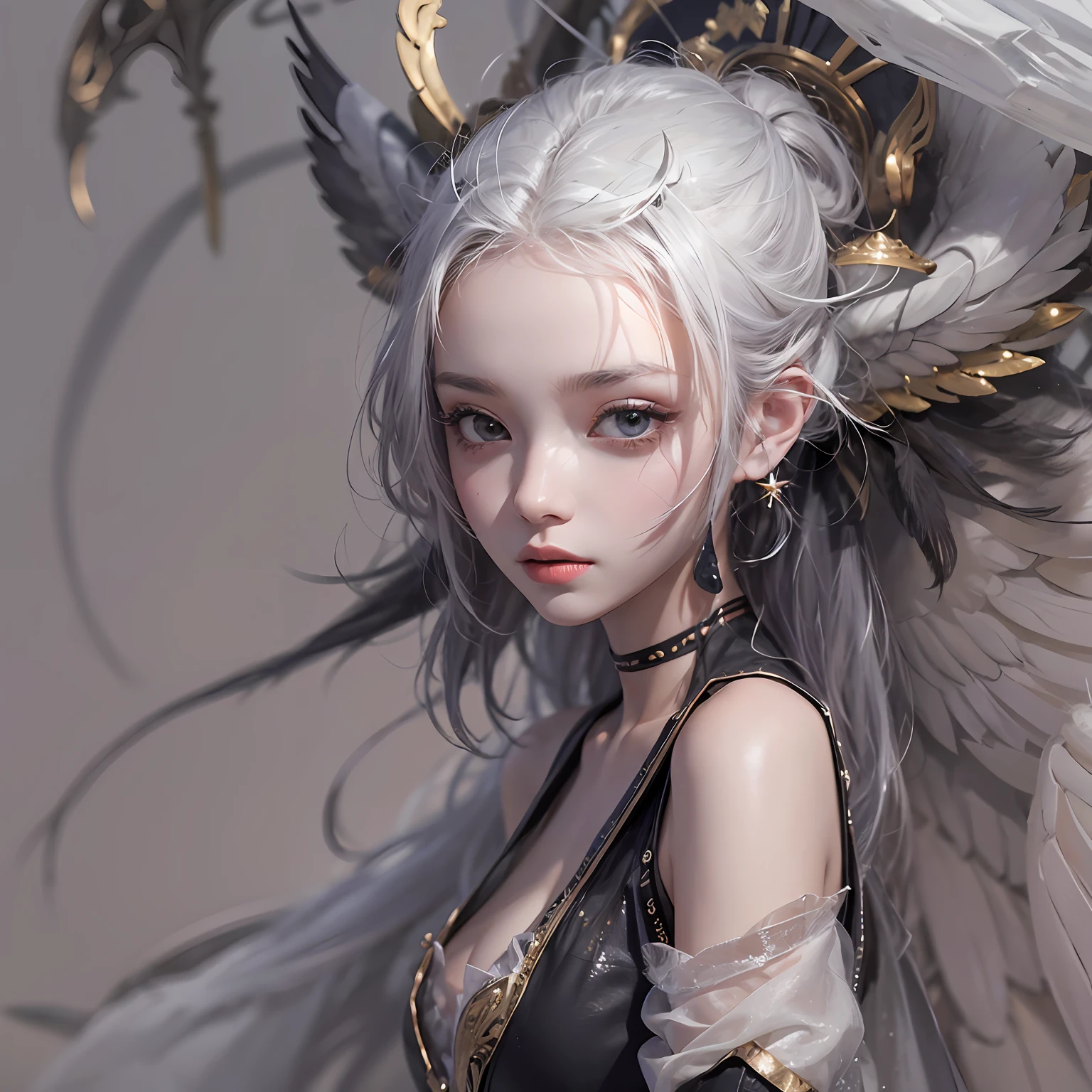 samurais,(best qualtiy,8K,tmasterpiece:1.3),Goose egg face,largeeyes,long eyelasher,With bangs,Cool handsome,Domineering,Exquisite(live-action realistic style),Star-like eyes,Ultimate face,Photorealistic light and shadow,Clear facial features,Milky white skin,Fair skin, highdetailskin, Realistic skin details, Visible Pore,(Super detail),Petite body,Carmelto, full bodyesbian,She wears long loose black hair and reaches her waist,(hair flowing), Smoothness,Huge wings,Crystal wings,(Super detail),Beautifully decorated,((dynamicposes))),((sexyposture))),Walk in the void,(Two ice planet backgrounds(Binary orbital flight)),space,salama,Dramatic scenes,NSFW:1.07