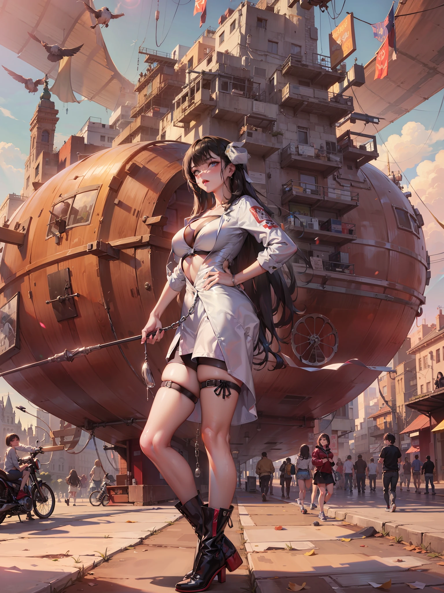 pose sugerente,, pintura de estilo de arte tenebrista, oil on canvas, (((Gigantic large and natural drooping breasts))), paisaje de fondo del dirigible steampunk, detalles intrincados de ropa steampunk completa, WLOP, sakimichan ,Greg rutkowski, Alfonse mucha, makoto shinkai, stanley artgem lau, rossdraws, hiperrealista, tendencia en Artstation, Unreal Engine 5, 8k, arte conceptual, pintura digital, arte de salpicaduras, pintura de salpicaduras, retrato facial, pintura grunge, por banksy, por greg tocchini, por james gilleard, por joe fenton, por kaethe butcher, Stunningly Detailed, symmetr, octanaje, arte conceptual, artistic, cinemactic, Ultra Sharp Focus, altamente detallado, alma vibrante, perfection