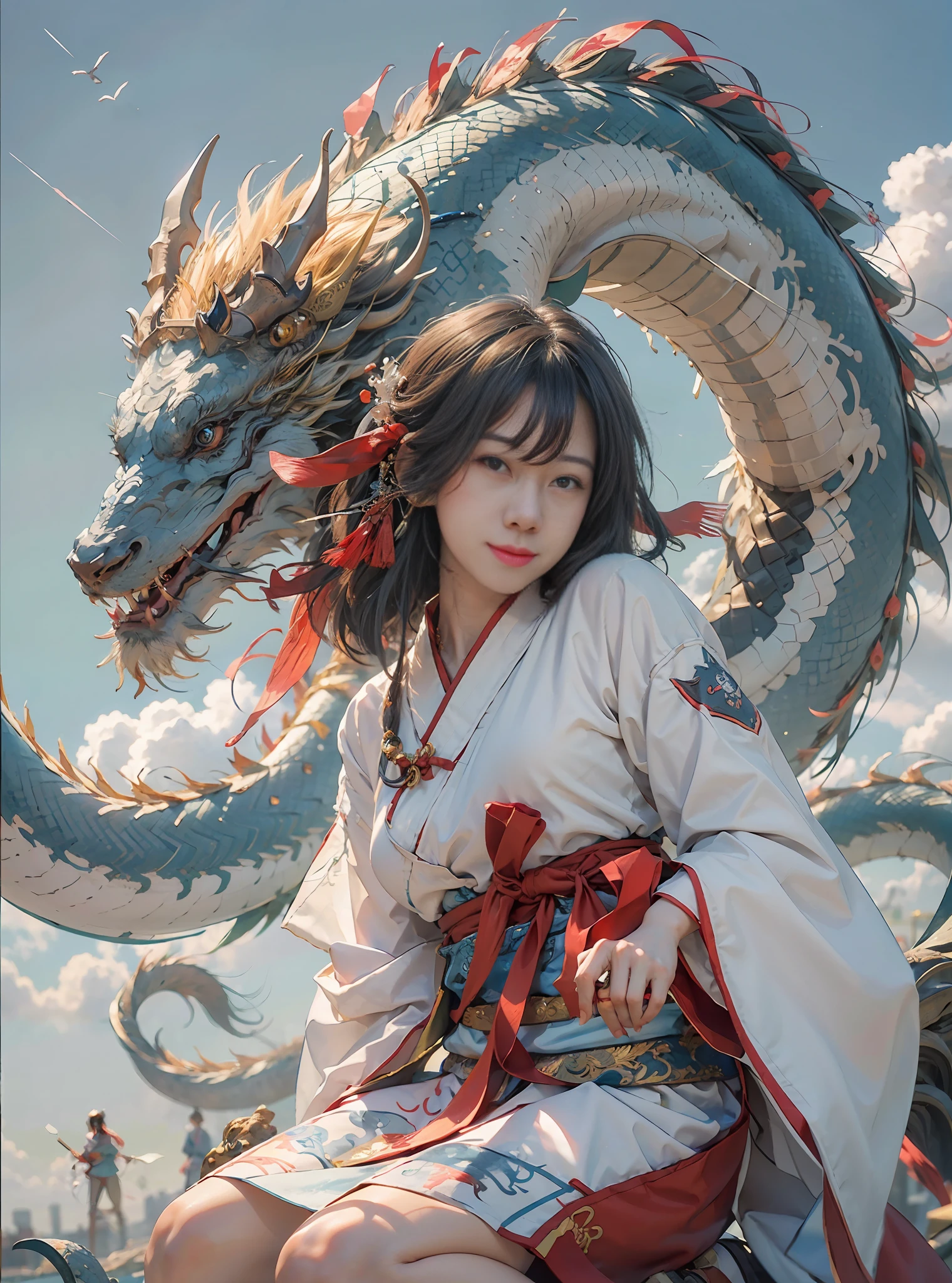 Best quality, masterpiece, illustration, very detailed, 1 girl, 1 white Chinese dragon as background, beautiful and detailed girl, very detailed eyes and face, light on face, movie lighting, looking at the audience, rainbow candy, smile, full body, full_body shot, (from the front: 1.2), (((majestic))), floating, blue sky, stone, blue sky, Chinese dragon, glowing blue, clouds, traditional Chinese elements, Chinese red, traditional Chinese hair accessories, elegant hair, floating ribbon, martial cloak, shu style, (martial arts: 1.2), hanfu