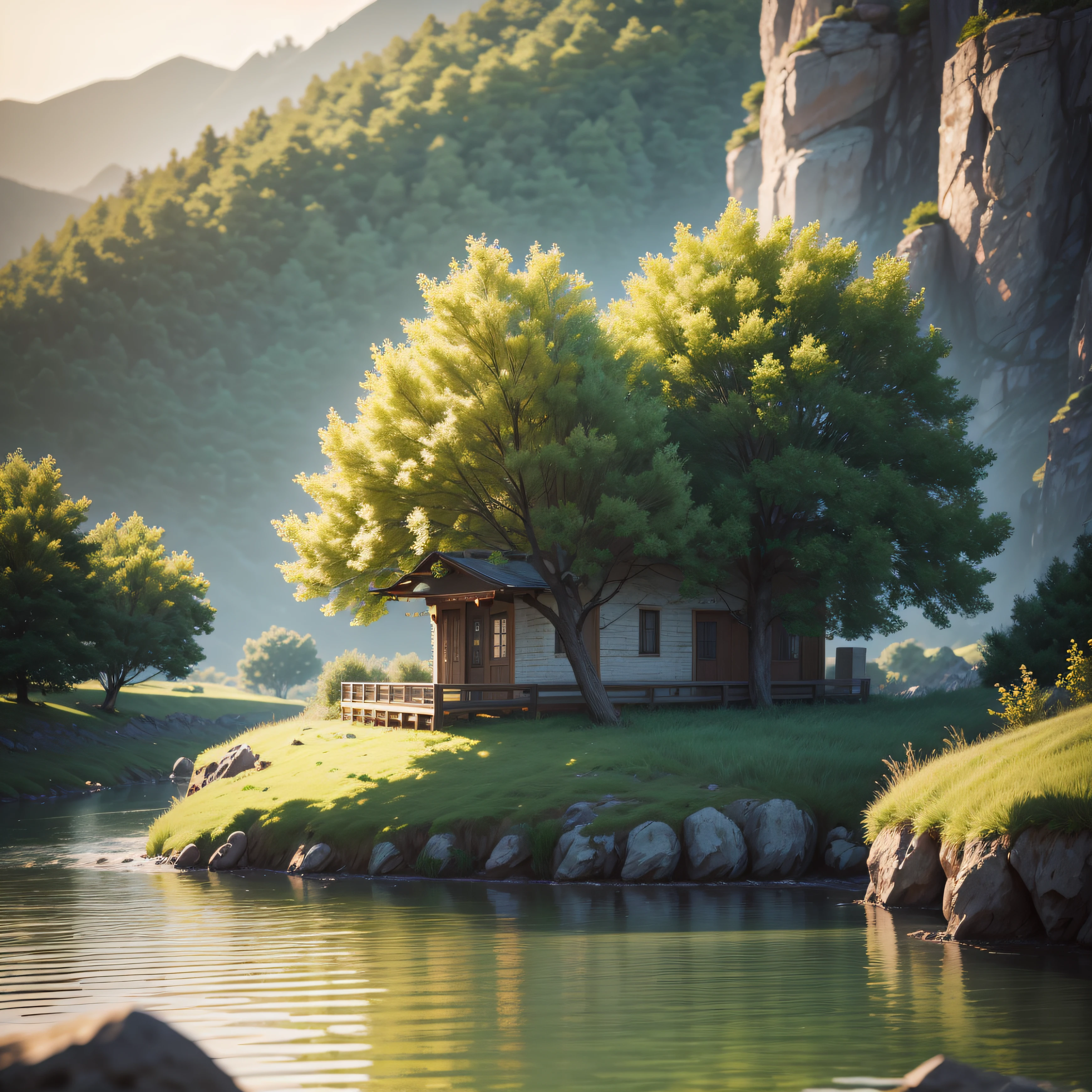 A peaceful place，Very pleasant，aestheticly pleasing，serenidade，scenic view。realisticlying，16k uhd，Studio quality，Ultra photo realsisim，max detail，massive scale，post-proces，realisticlying，photographrealistic，photoshop，photography of，A detailed，cinmatic lighting，scenecy，in a panoramic view，scenecy，Ray traching，cinema4d --auto