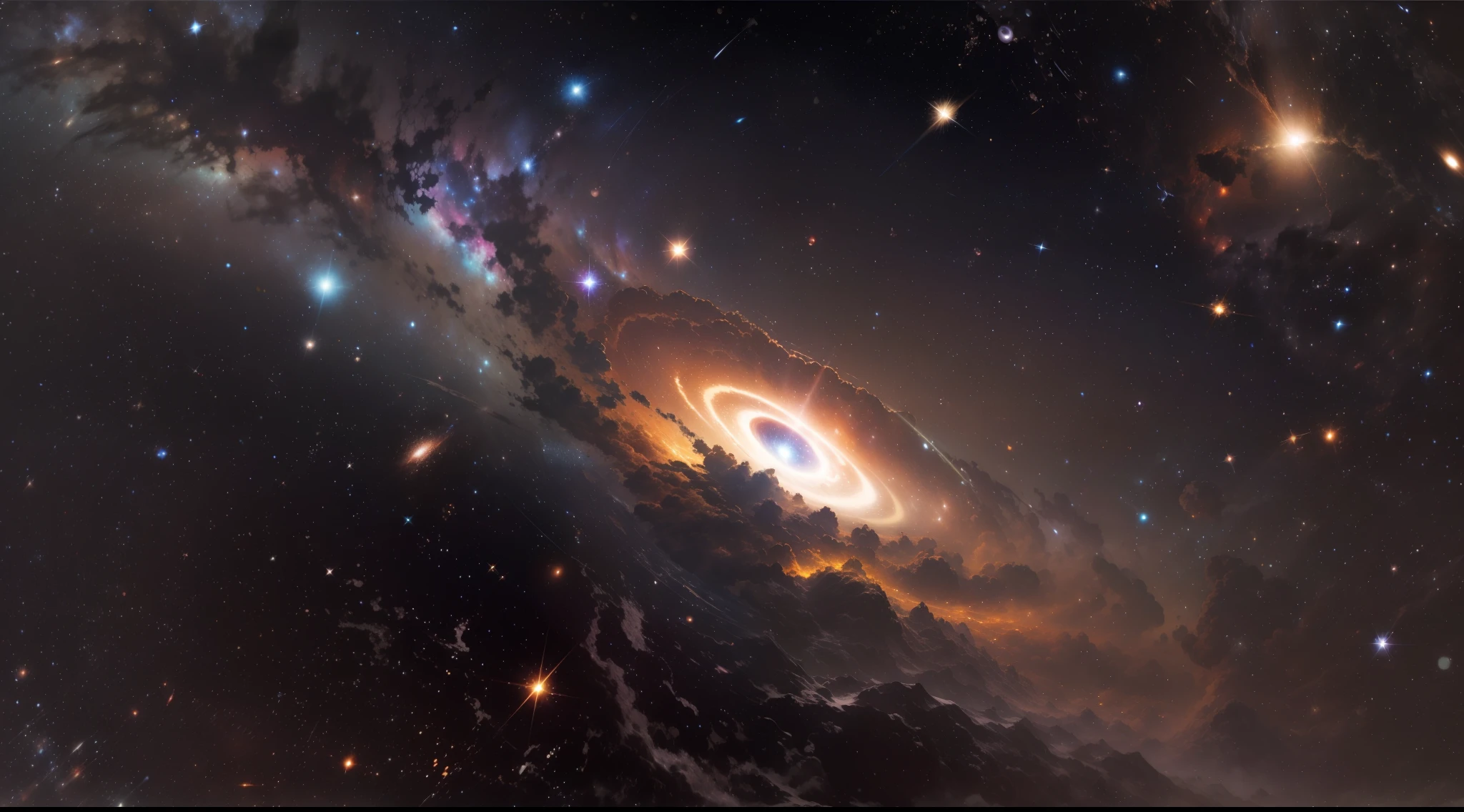 A closeup of a galaxy with a very large spiral galaxy in the background, andromeda galaxy, andromeda, galaxy, galaxies in the background, massive galaxy, galaxies in background, fotografia espacial, galaxies in the sky, on a galaxy looking background, galaxy in background, space photo, massive scale cosmic being, subterranean sprawling galaxy, galaxy in the night sky masterpiece, melhor qualidade, alta qualidade, papel de parede 8k extremamente detalhado da unidade CG, profundidade de campo, HDR, fotorrealista, extremamente detalhado, intrincado, alto detalhe, universo, outer space, galaxy, estrelas, planetas, astronomia, cosmos, celestial, nebulosa, buraco negro, sistema solar, cosmic rays, supernova, deep-space, astronomical objects