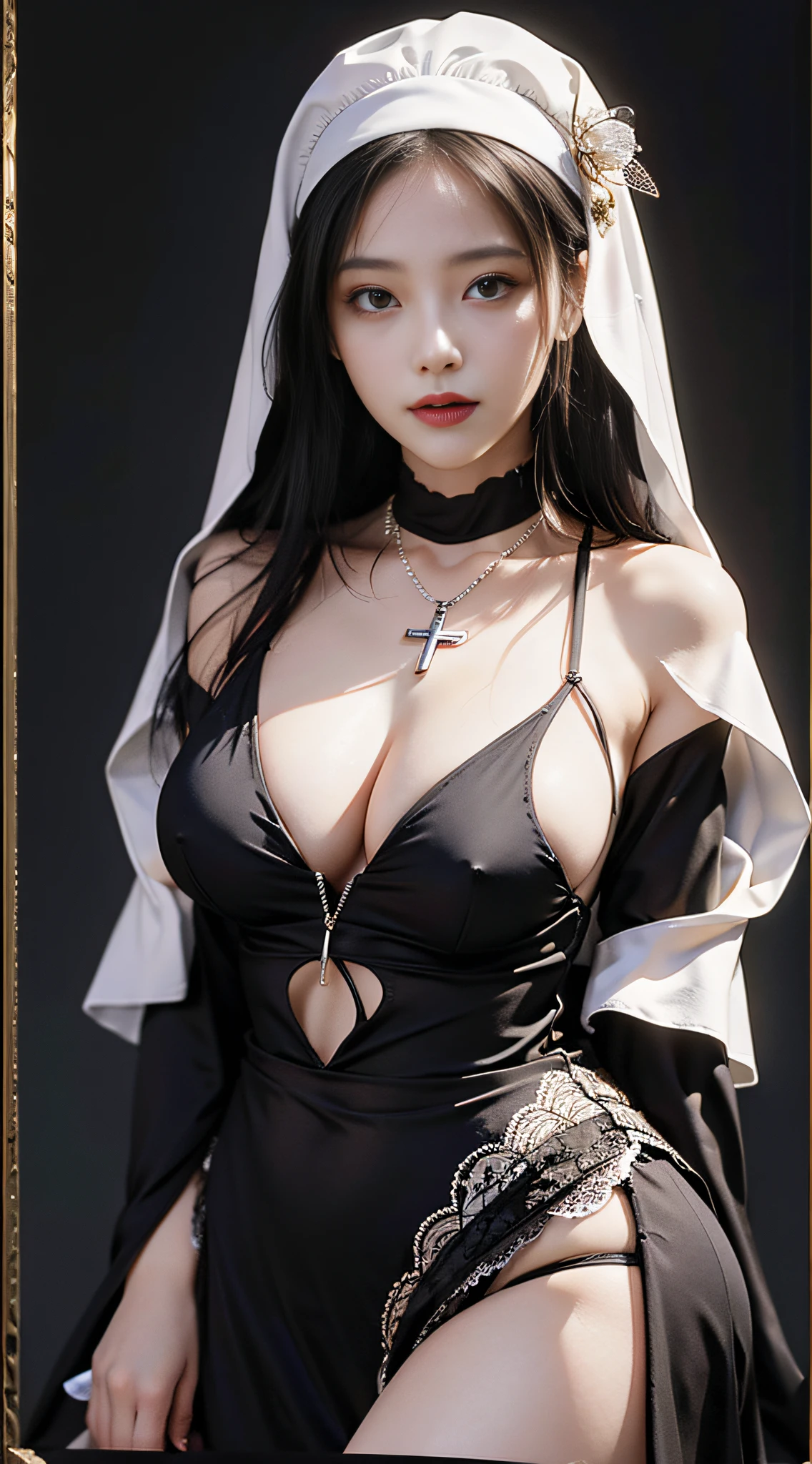 Realistis,tmasterpiece,Best quality at best,Dark theme,best qualtiy,超高分辨率,(Realiy感),(Detailed eyes:1.4),(Realiy,Realiy感:1.4),Perfect lighting,ssmile,(nighttime scene),、standing on your feet、(full bodyesbian)、Dark theme, 1个Giant Breast Girl,Sexy nun costume,Silk top,short skirt,adolable,kawaii,huge tit:1.5,Pale and Lustrous Skin,lewd nun,Cross necklace,Majestic castle,medieval background((White panty hose))