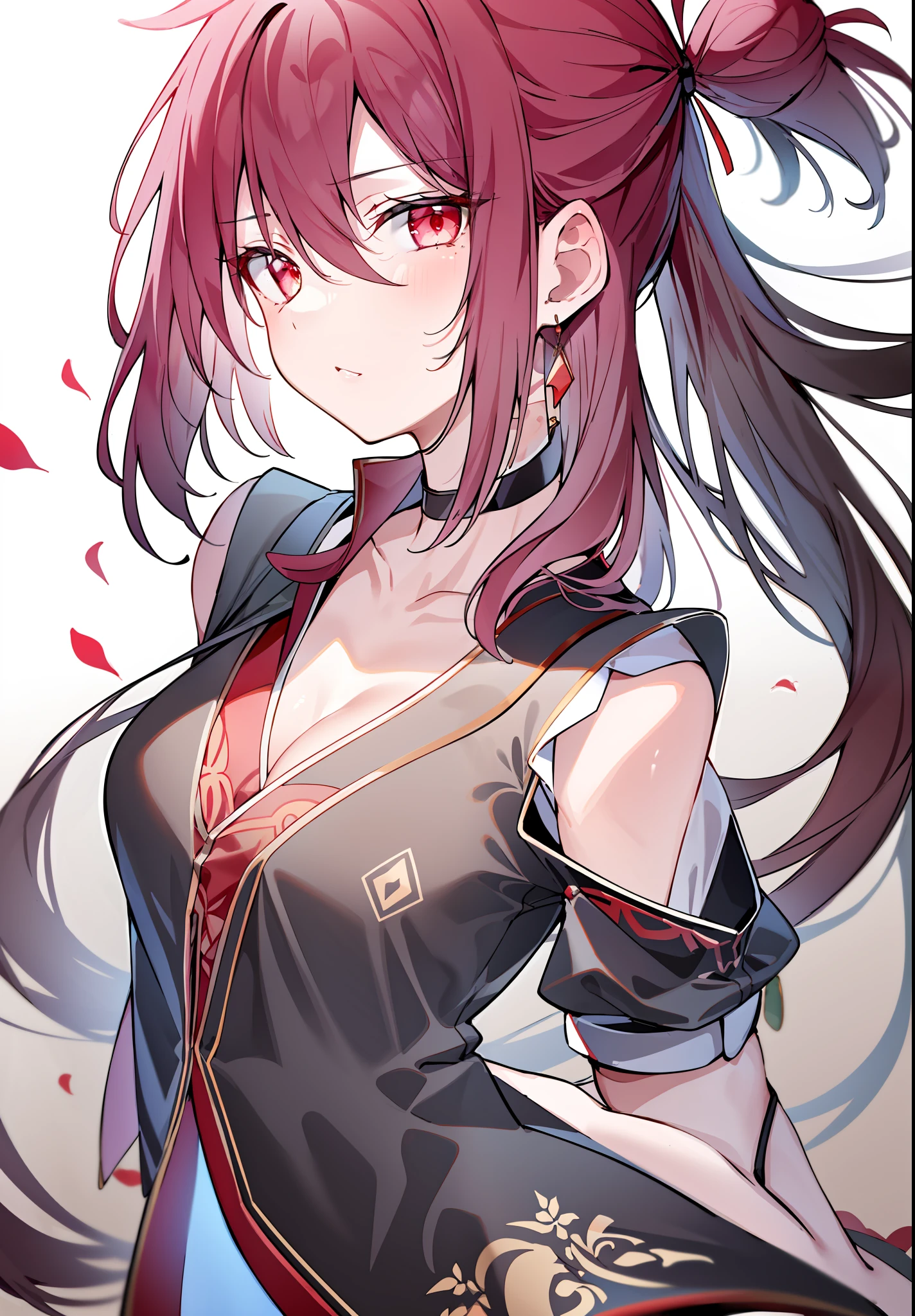 masterpiece, best quality, high resolution,
1girl, solo, maid, enmaided, maid apron, black hair, scarlet eyes, cleavage, from front, facing viewer, face to face, smug on eyes,upper body, cleavage, medium breasts, portrait, emesis eyes, hutao (genshin impact)