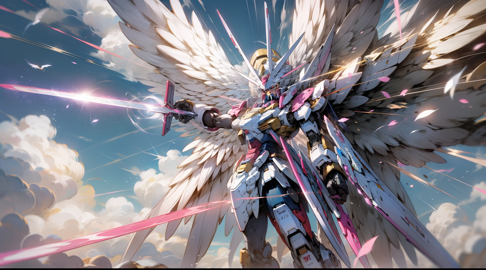 "Gundam robots with pink and silver armor and wings, soaring through the sky amidst fluffy clouds, basking in warm sunlight, striking a dynamic battle posture, wielding a gleaming light sword."