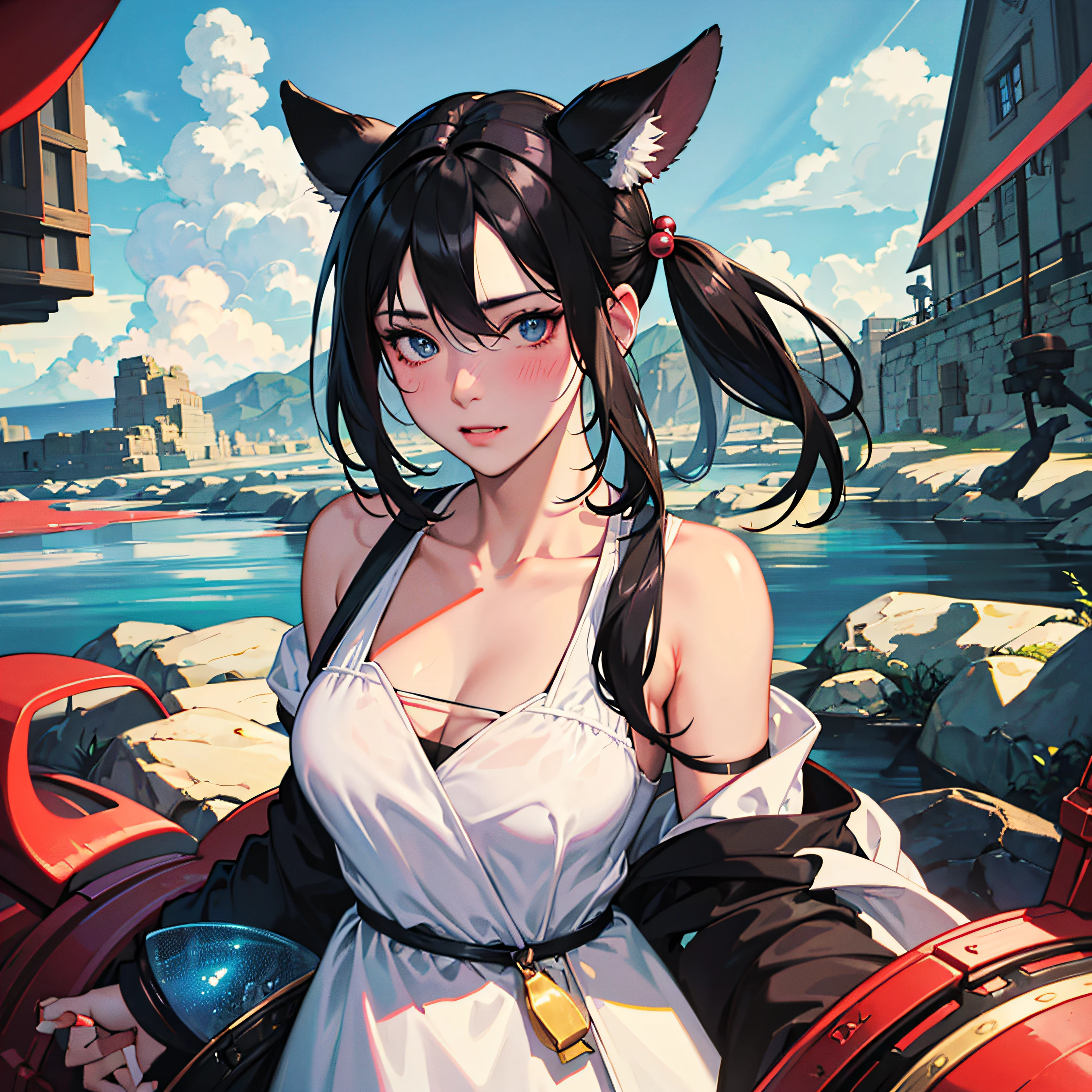 black hair, hair bobbles, wince, longeyelashes, solid circle eyes, fake animal ears, ear blush, fang, Republican style, long eyelasher, Surrealism, drop shadow, anaglyph, stereogram, tachi-e, pov, atmospheric perspective, anime, Romanticism, anime style, chiaroscuro, god rays, reflection light, ray tracing, blending, drop shadow, vignetting, 8k, super detail, ccurate, UHD, textured skin, high details, best quality, masterpiece --auto