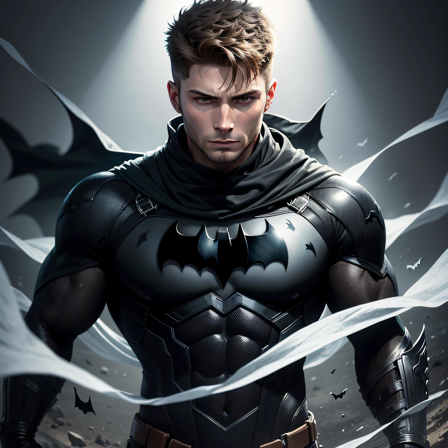 1 homem, solo, Jensen Ackles como Batman, alto, hunk, musculoso, a granel, ombro largo, fotorrealismo, barriga coberta com terno cinza escuro, Dark gray arms, (no mask on)), cabelo preto, hands covered with black gloves, melhor qualidade, obra-prima, alta resolução: 1.2, capa preta, terno altamente detalhado, rosto altamente detalhado, premiado, tempo noturno, uma caverna escura no fundo