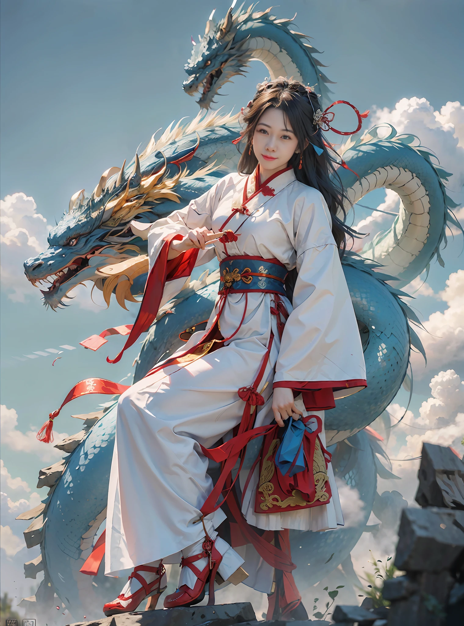 Best quality, masterpiece, illustration, very detailed, 1 girl, 1 white Chinese dragon as background, beautiful and detailed girl, very detailed eyes and face, light on face, movie lighting, looking at the audience, rainbow candy, smile, full body, full_body shot, (from the front: 1.2), (((majestic))), floating, blue sky, stone, blue sky, Chinese dragon, glowing blue, clouds, traditional Chinese elements, Chinese red, traditional Chinese hair accessories, elegant hair, floating ribbon, martial cloak, shu style, (martial arts: 1.2), hanfu