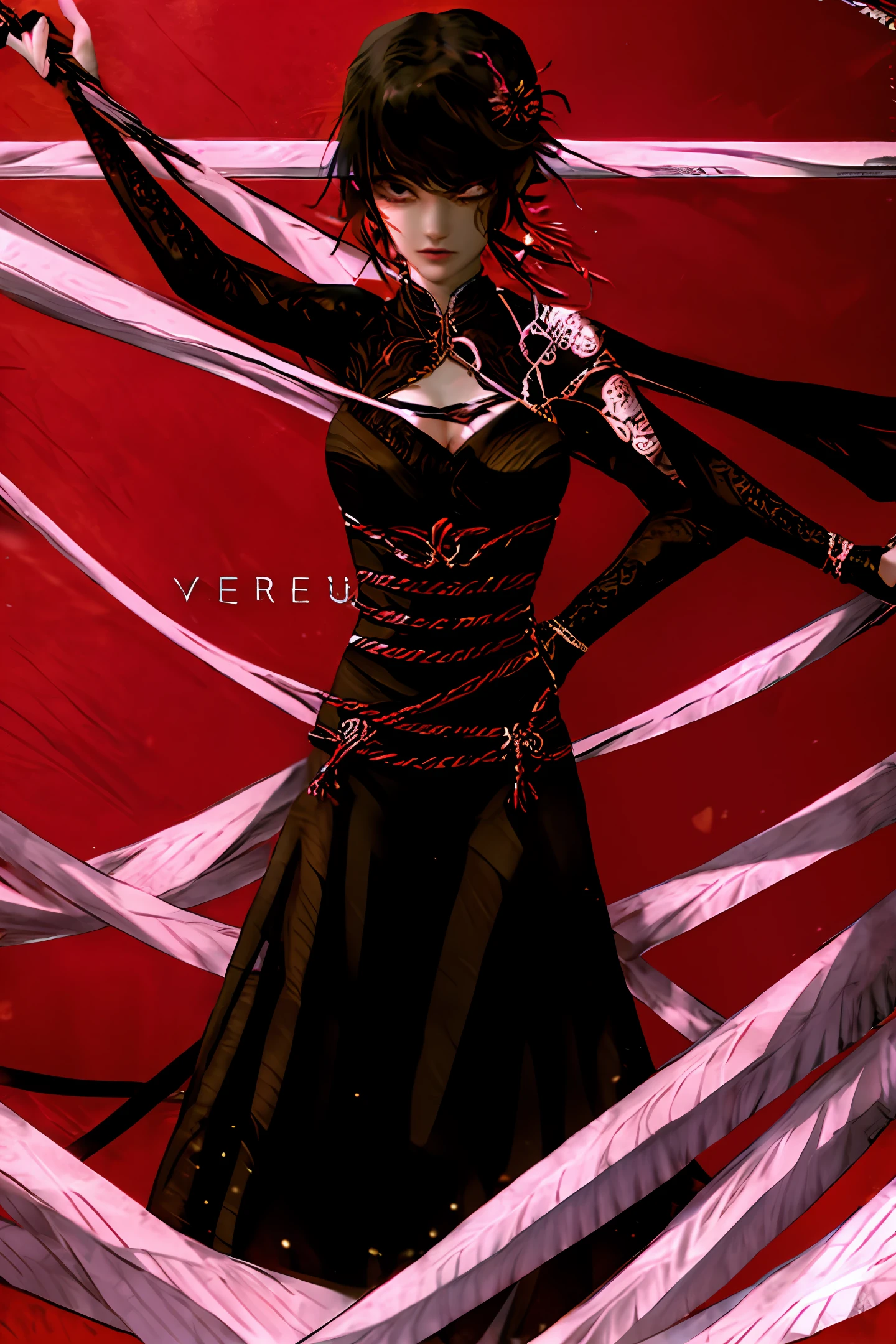 Mulher com cabelo undercut, roupas vermelhas, duas katanas, tatuagens