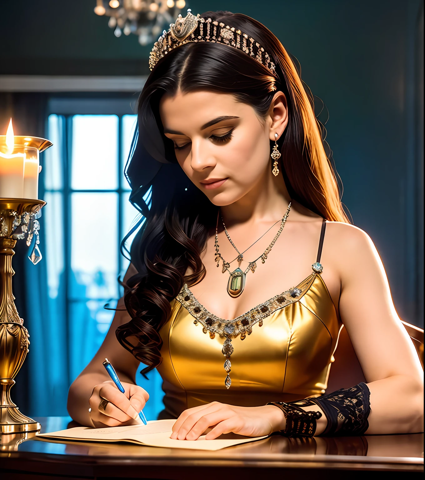 1 european 25 y. o. woman sitting at the table writing a letter, in antique armchair, in front of her different shaped bottles with different colored liquids in it, candlesticks with candles, soft blurry front light, jewels, pendant made of glass, perfect face, rule of thirds, realistic eyes, extra long wavy brown hair, highly detailed hair, on one hand only four fingers + one thumb, proportionate physique, elegant antique environment, in the background columns and statues made of glass, in18th century Baroque style darkened room, antique furnitures, draperies, bokeh, glow, reflections, soft light rays, neutral colors, insanely intricate details, amazing fine detail, photorealistic, hyperrealistic, lifelike texture, dynamic composition, contrast lighting, cinematic lighting, filmstill, sharp focus, wide angle, ((great depth of field)), raw photo, photon metering, dslr, 8k, ultra high res, hyper detailed, Award - winning photograph, Masterpiece, photography with Hasselblad, f5.6 lens 500mm, Kodak Portra 400 4x5,