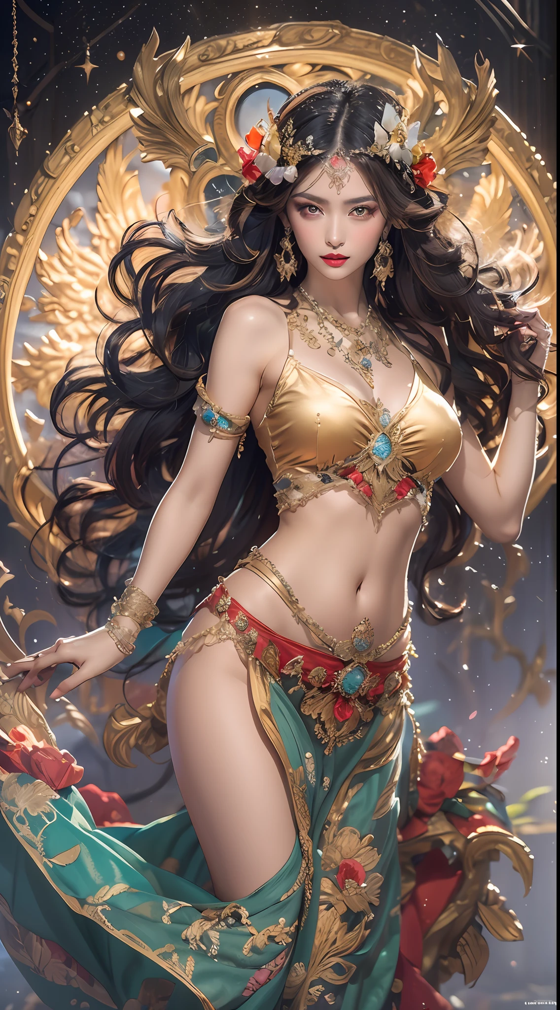 1 zodiac goddess from the future, wearing a thin silk dress, the goddess of the palace is beautiful, the goddess of the zodiac is wearing a colorful thin silk dress with sexy white and black lace trim, the goddess gives off a bow aura vibrant purple-pink zodiac, the stars have the shapes of the 12 zodiac, the goddess of the zodiac in a thin silk dress the golden zodiac with many black details, the mythical goddess of the 12 zodiac , zodiac ♏, royal zodiac style, dark and mysterious version, Full breasts, big and round breasts, well-proportioned and beautiful red lips, character by karol bak and pino daeni, intricate details, detailed background, many background objects, extremely detailed, magic light, a woman, long hair dyed in seven colors and neatly tied up, mold the face is clearly drawn without scars, the face is beautiful and the eyes are proportionate, the red lips are pretty and attractive, the eyes are big and round and the makeup is very beautiful and detailed, far focus, thin silk dress ,page hair jewelry, neck jewelry, dress jewelry, arm and thigh jewelry, goddess leg jewelry, mystical jewelry, zodiac goddess portrait, (upper body of zodiac goddess: 1.8), wings loose arms, sexy and seductive zodiac goddess, (space: 1.8), (galaxy: 1.7), aurora, lightning, (aurora background: 1.8 ), beautiful eyes, beautiful eyes photo , the goddess of beauty and flowers,