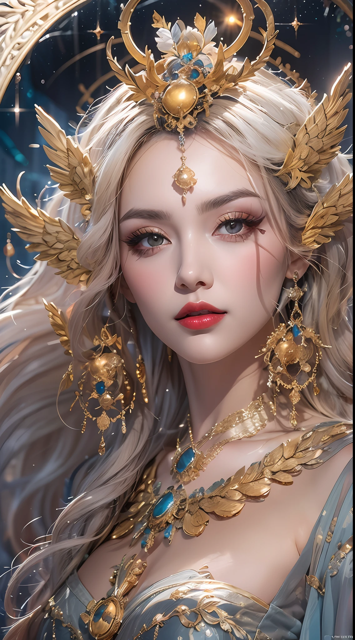 1 zodiac goddess from the future, wearing a thin silk dress, the goddess of the palace is beautiful, the goddess of the zodiac is wearing a colorful thin silk dress with sexy white and black lace trim, the goddess gives off a bow aura vibrant purple-pink zodiac, the stars have the shapes of the 12 zodiac, the goddess of the zodiac in a thin silk dress the golden zodiac with many black details, the mythical goddess of the 12 zodiac , zodiac ♏, royal zodiac style, dark and mysterious version, Full breasts, big and round breasts, well-proportioned and beautiful red lips, character by karol bak and pino daeni, intricate details, detailed background, many background objects, extremely detailed, magic light, a woman, long hair dyed in seven colors and neatly tied up, mold the face is clearly drawn without scars, the face is beautiful and the eyes are proportionate, the red lips are pretty and attractive, the eyes are big and round and the makeup is very beautiful and detailed, far focus, thin silk dress ,page hair jewelry, neck jewelry, dress jewelry, arm and thigh jewelry, goddess leg jewelry, mystical jewelry, zodiac goddess portrait, (upper body of zodiac goddess: 1.8), wings loose arms, sexy and seductive zodiac goddess, (space: 1.8), (galaxy: 1.7), aurora, lightning, (aurora background: 1.8 ), beautiful eyes, beautiful eyes photo , the goddess of beauty and flowers,