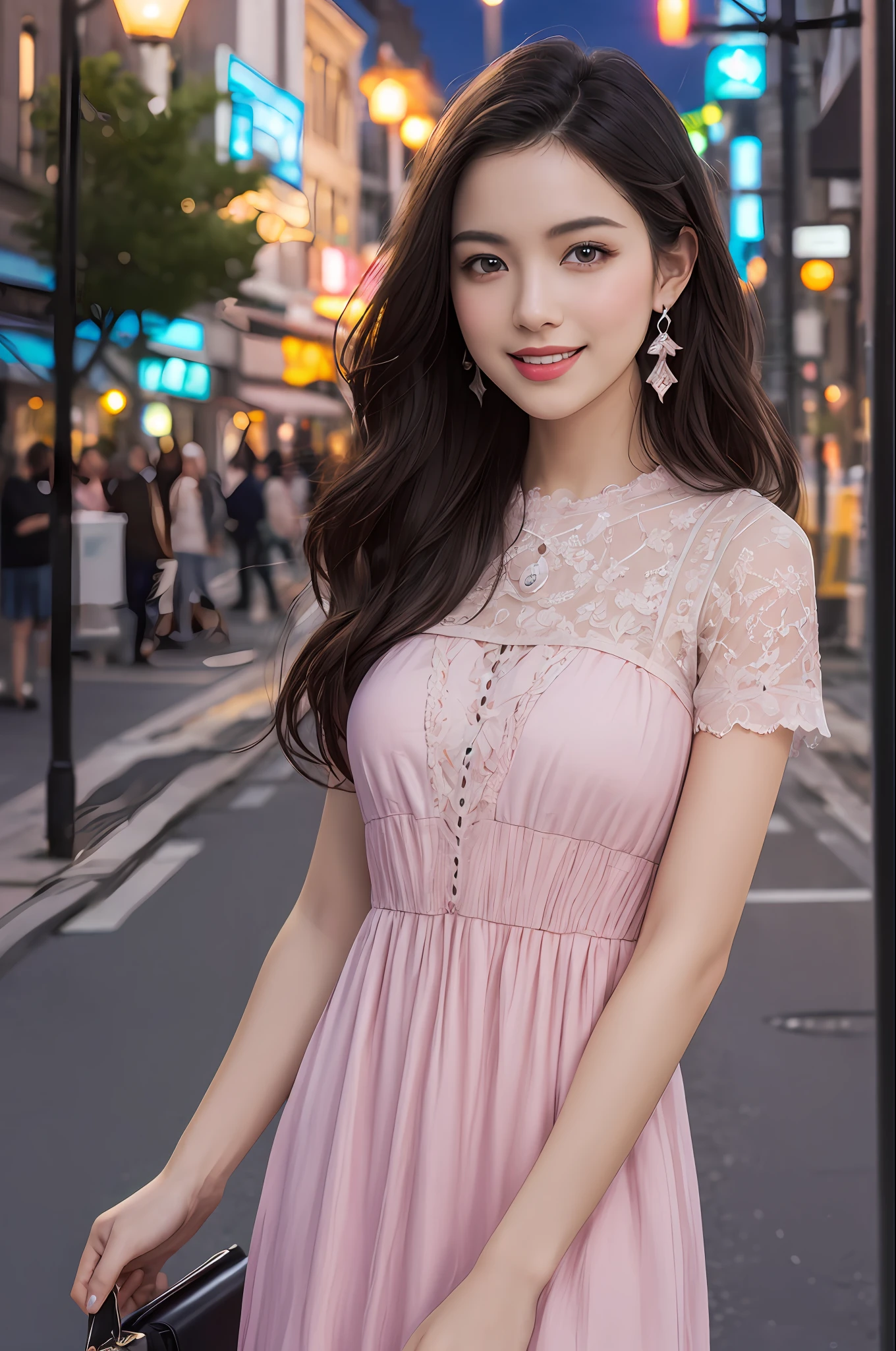 Night, (8k, photorealistic, RAW photo, best quality: 1.4), (best quality: 1.0), (super high resolution: 1.0) beauty, precious dress, by agnes cecile, cowboy shot, smiling, (pastel color), street lights background, model shot style, very long hair, earrings, intricate, elegant, realistic, (surreal), (film), (ultra detailed: 1.2), hdr