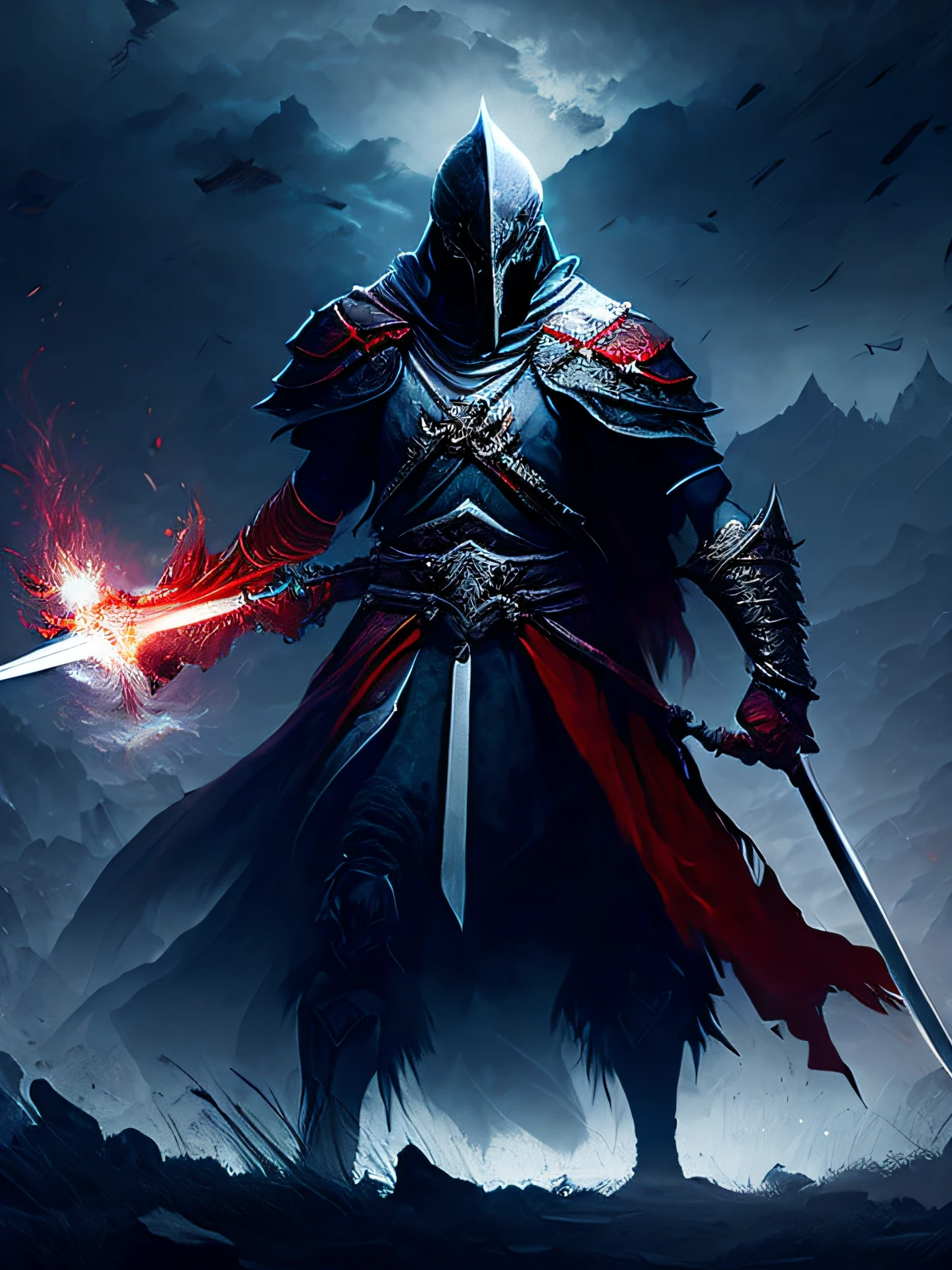 sword:1, sword hold,soul-like game,1man,misty,blood,war,dark sky,wide field,many dead body,fighting,mid age
