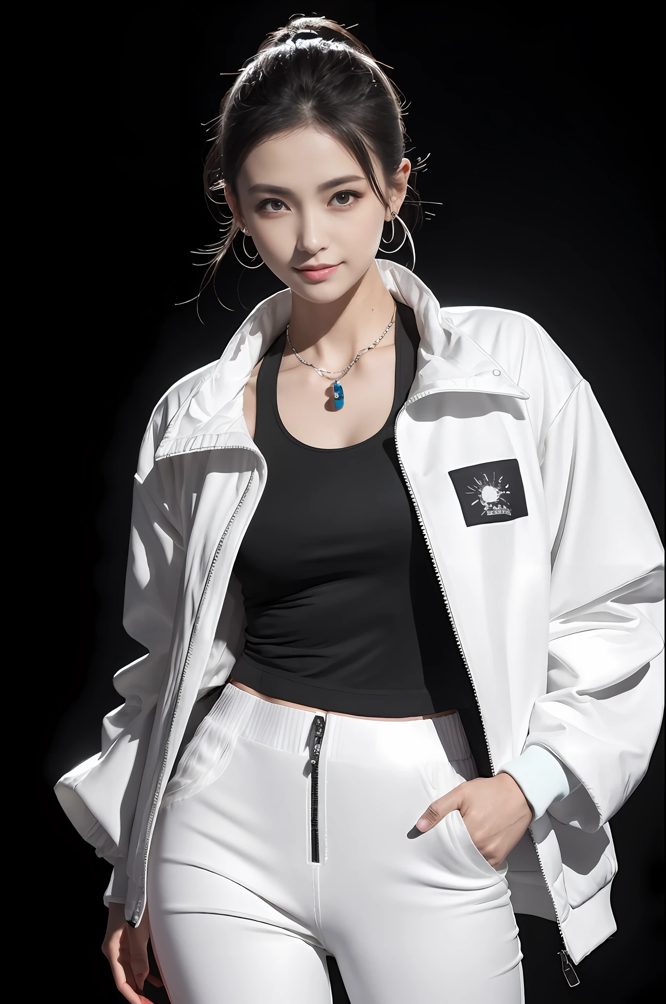 (masutepiece:1.2, of the highest quality), (photos realistic), Ticker, Intricate details, (Detailed face), (Detailed eyes), 1 girl, Solo, (Pretty cute sexy Japan girl), 20 years old, Full body photo, (8k background), (Full body photo:1.2), looking in camera, Slender body, Slim body, Long legs, Shiny skin, pale skin, Beautiful face, Beautiful eyes, Realistic skin, Various hair styles, (Smile), (simple black sky and white runway background), Out-of-focus background, (Streetwear Jacket Print, Keyhole Backhalter Top, Elastic waist cotton pants), earrings, appearance々Necklaces, (Hands in pockets), (Bracelets), (Naughty costumes),Dance Studio、