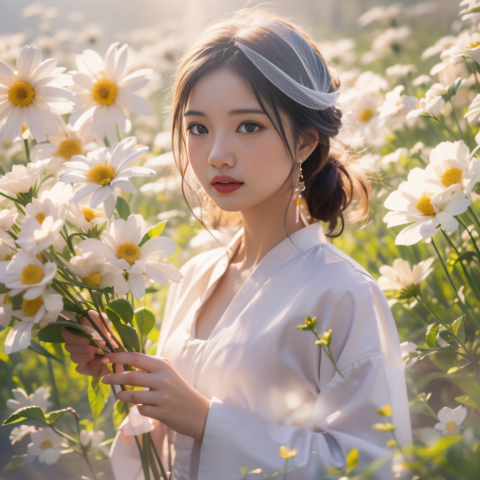 a beautiful girl in white aodai , masterpiece, best quality, realistic:1.3,in a field of flowers, holding bundle of flowers, sunlight, backlighting