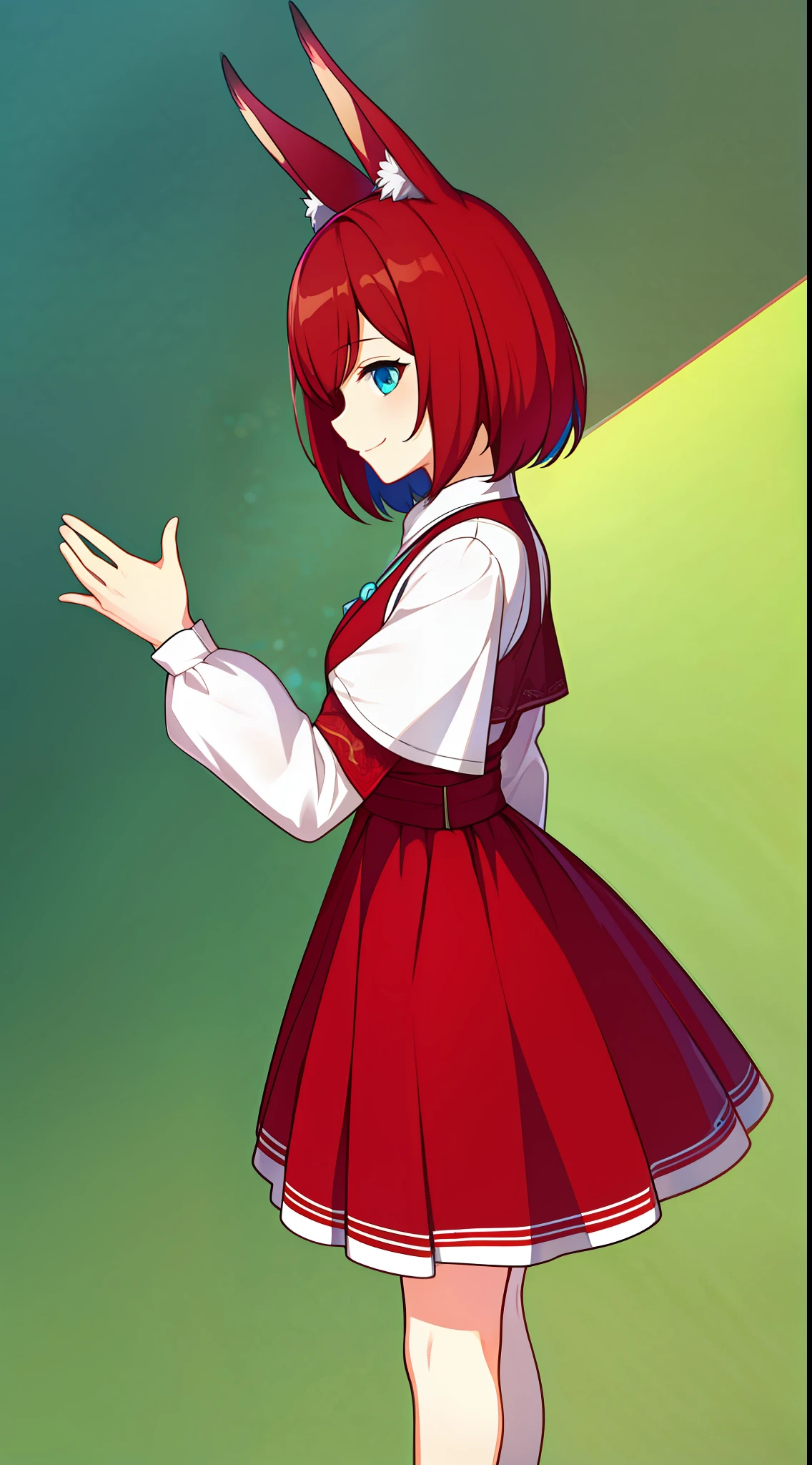 young girl, short red hair, Fox ears, Cyan eyes, light old Russian folk dress, ssmile, Masterpiece, hiquality