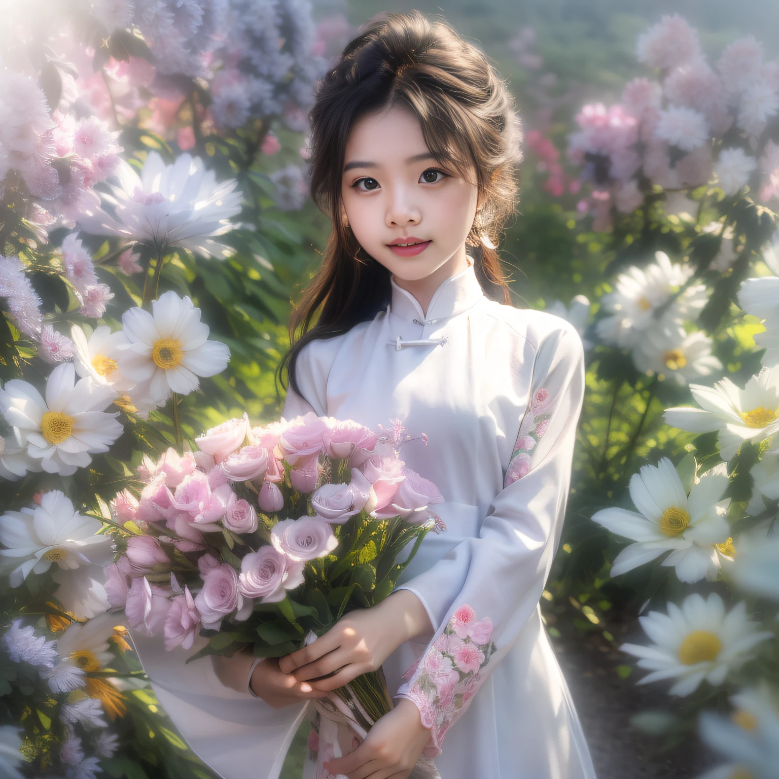 a beautiful girl in white aodai , masterpiece, best quality, realistic:1.3,in a field of flowers, holding bundle of flowers, sunlight, backlighting