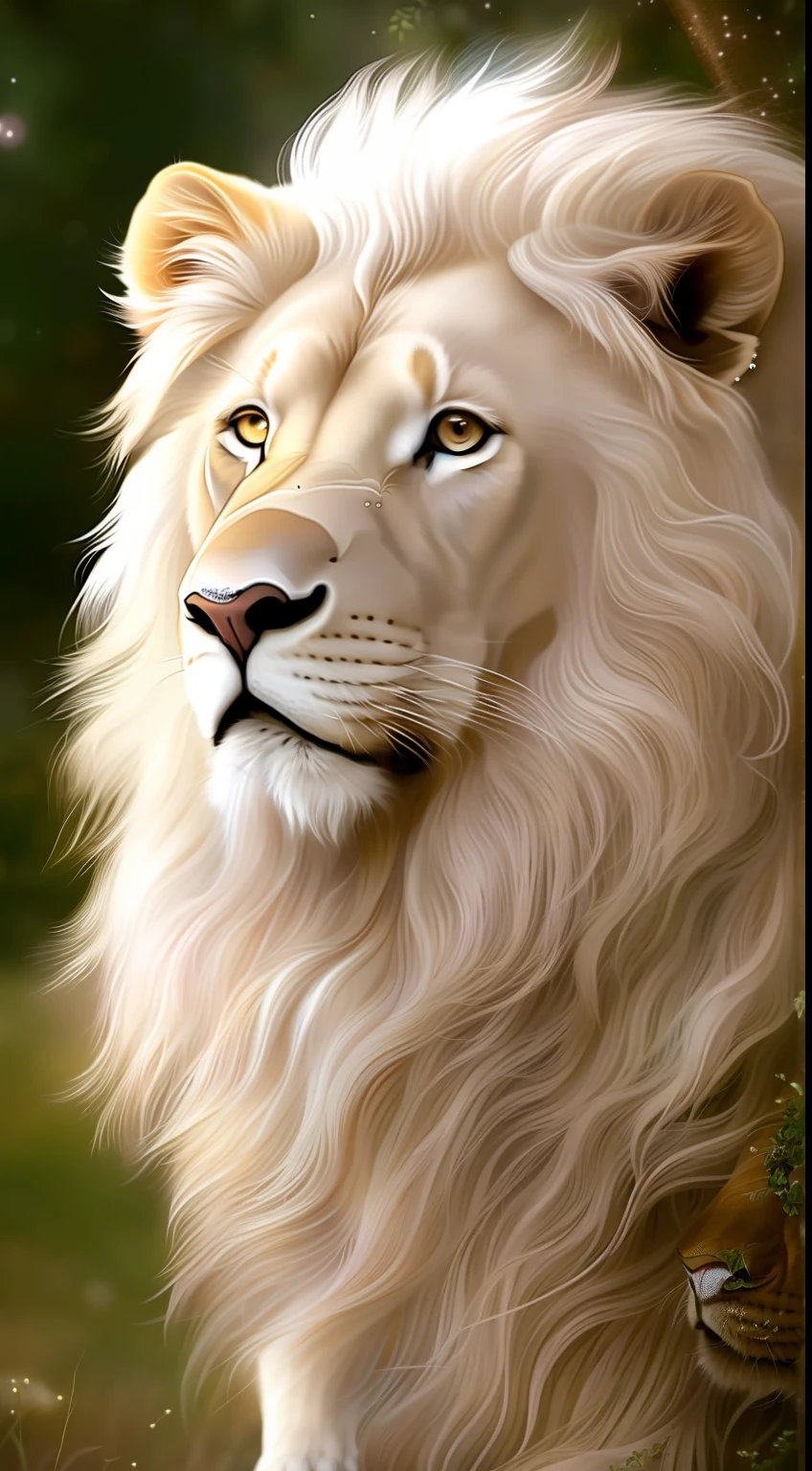 A closeup of a white lion with long hair and a tree, majestoso!!! Beautiful!!!, with the mane of a lion, the mane of a lion, juba branca longa, cabelo longo branco detalhado, Aslan the Lion, gorgeous goddess of leo, tem um olhar muito realista para ele, beautiful animal pearl queen, half lion, Lion, lindo e lindo