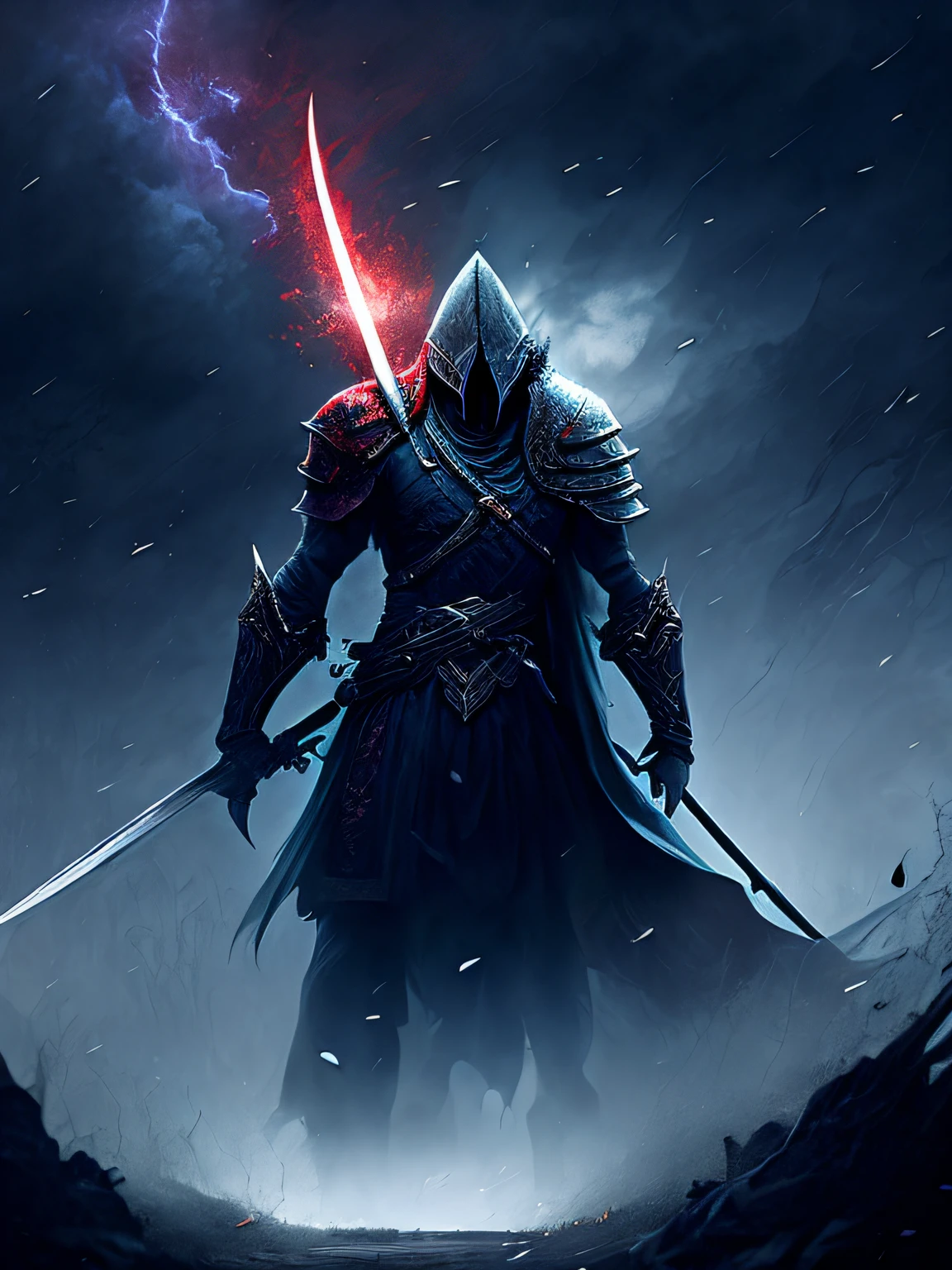 sword:1, sword hold,soul-like game,1man,misty,blood,war,dark sky,wide field,many dead body,fighting,mid age