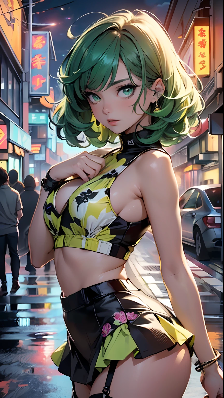 girl youtuber,(1girl:1.3),((extremely cute and beautiful green curly-haired anime girl walking down the street)),

(short breasts:1.4),(((green curly hair:1.35,very curly hair,colored inner hair,ear breathing, short hair))), ((green eyes:1.3,upturned eyes:1.3,perfect eyes,beautiful detailed eyes, rainbow glows ultra-detailed yellow green eyes:1.1,gradient eyes:1, finely detailed beautiful eyes:1,symmetrical eyes:1,big highlight on eyes:1.2)),(fat:1.2), (((lustrous skin:1.5, bright skin: 1.5,skin tanned,shiny skin,very shiny skin,shiny body,plastic glitter skin,exaggerated shiny skin))),delicate detailed fingers,detailed body,detailed arms, human hands,detailed hands,), 

cute,slutty,seductive,erotic,nsfw, 

zettai ryouiki,revealing clothing,show skin,((rave mini-skirt,visible thong straps,white loose tank top with an intricate print)),(detailed outfit, detailed clothes), 

(dynamic pose:1.0),solo focus,embarrassed,centered,scale to fit dimensions,Rule of thirds,

outdoors, ((night view)), (cyberpunk night street Background: 1.5,dark sky,alleyway,lonely alley,thick clouds, detailed background:1.25),

(best quality), (high resolution), (sharp focus), (ultra detailed), (extremely detailed), (extremely high quality artwork), 8k_wallpaper, (extremely detailed CG 8k),(very fine 8K CG), ((hyper super ultra detailed perfect piece)), flawless, (((masterpiece))), illustration, vibrant colors,  (intricate), High contrast, Selective lighting, Double exposure, HDR (High Dynamic Range), Post-processing, Background blur,