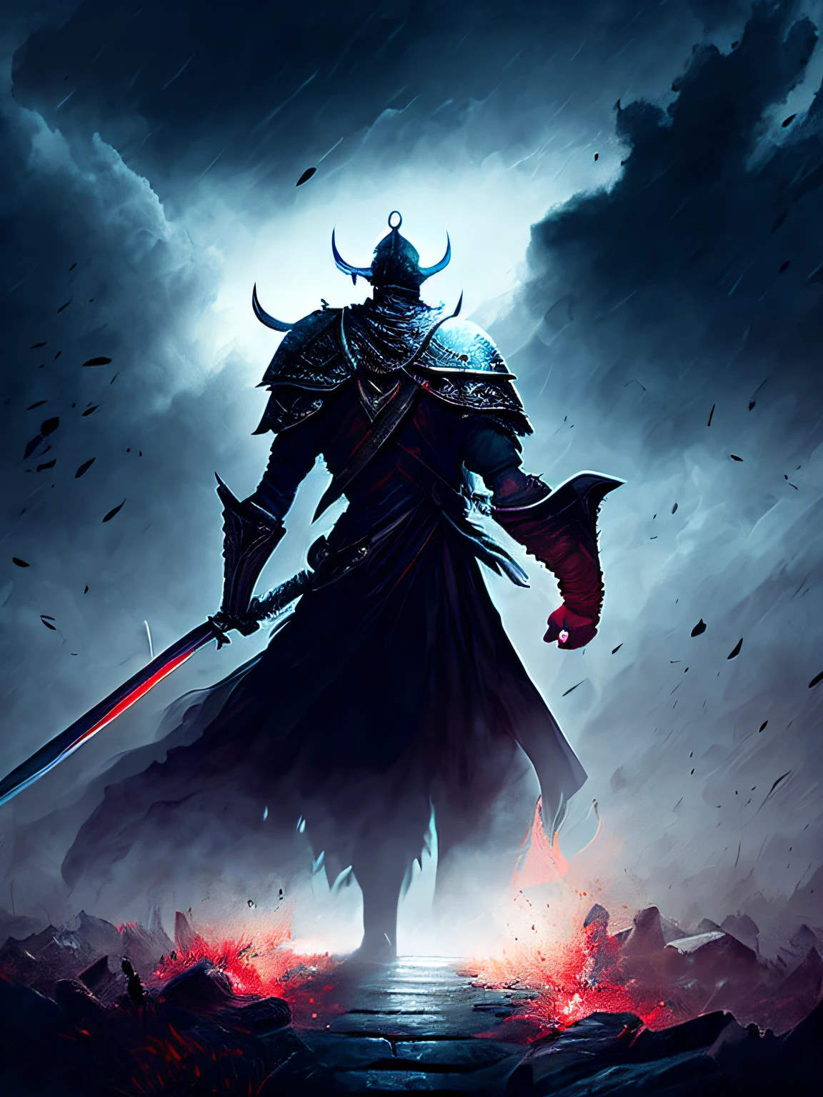 sword:1, sword hold,soul-like game,1man,misty,blood,war,dark sky,wide field,many dead body,fighting,mid age