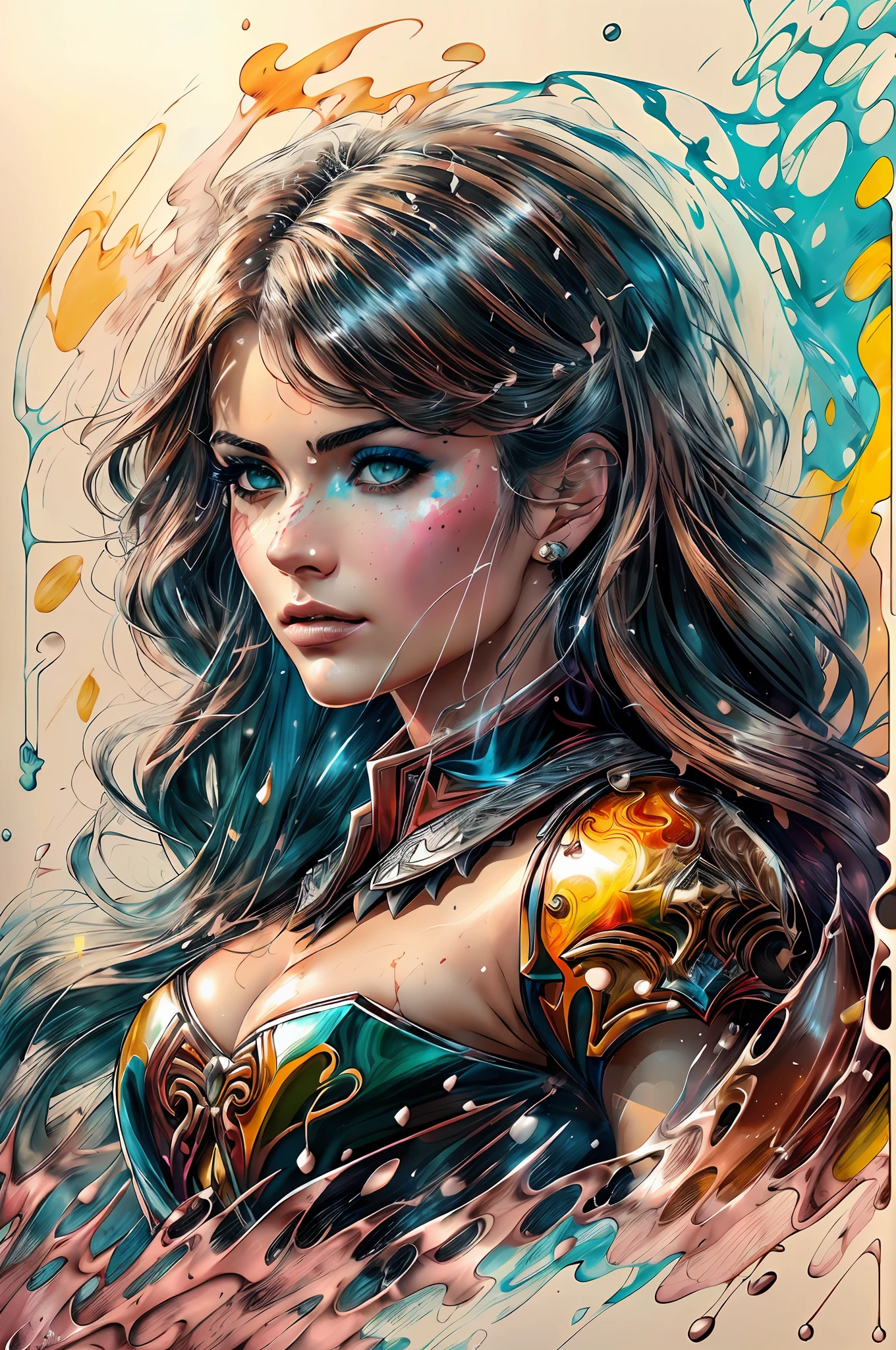 princesa guerreira forte, centrada, visual chave, intrincado, olhos azuis claros, altamente detalhado, breathtaking beauty, lineart preciso, vibrante,Splash, Comprehensive cinematic, Carne Griffiths, Conrad Roset, (o retrato mais bonito do mundo:1.5)