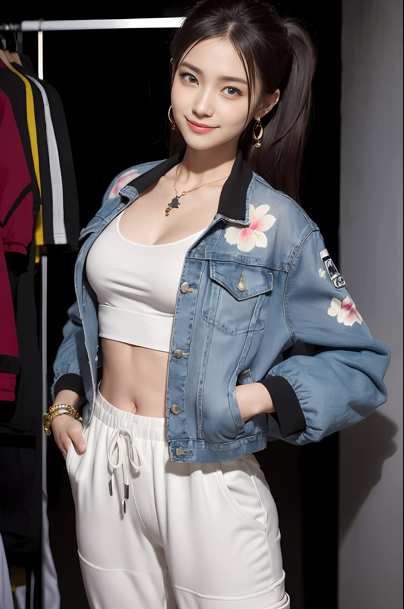 (Masterpiece:1.2, top quality), (realistic photo), ticker, intricate details, (detailed face), (detailed eyes), 1 girl, solo, (pretty cute sexy Japanese girl), 20 years old, Full Body Photo, (8k background), (Full Body Esbian:1.2), Look at camera, slender body, Slim body, long legs, shiny skin, pale skin, beautiful face, beautiful eyes, realistic skin, various hair styles, (smile), (backstage), out of focus background, (streetwear jacket print, keyhole back halter top, elastic waist cotton pants), earrings, Various necklaces, (hands in pockets), (bracelets), (slutty outfits),