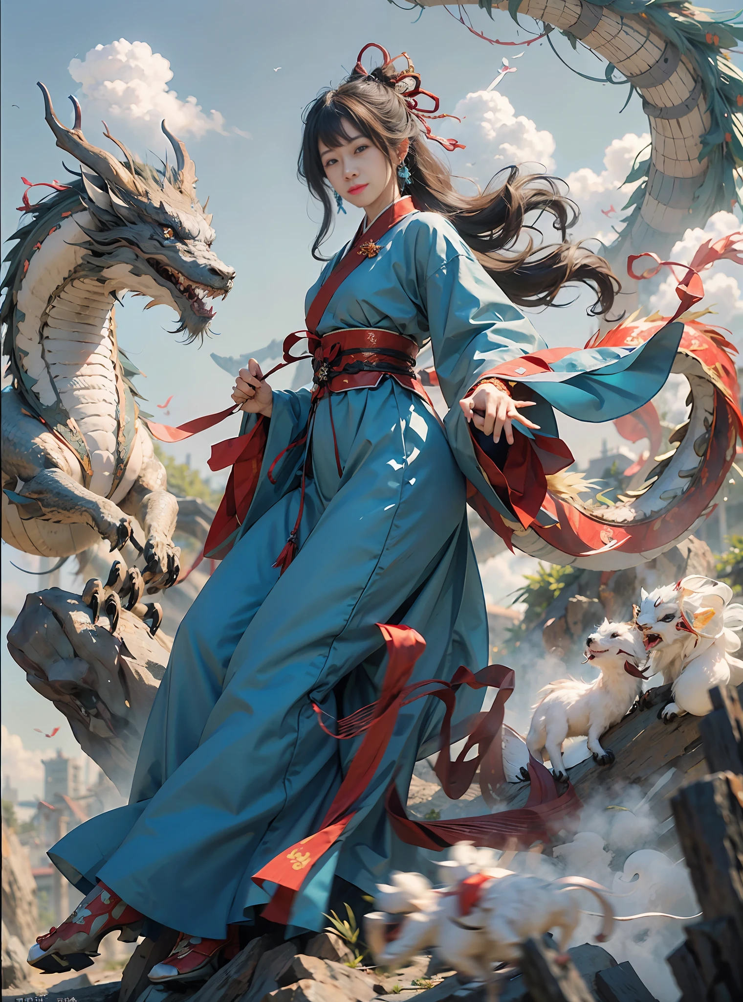 Best quality, masterpiece, illustration, very detailed, 1 girl, 1 white Chinese dragon as background, beautiful and detailed girl, very detailed eyes and face, light on face, movie lighting, looking at the audience, rainbow candy, smile, full body, full_body shot, (from the front: 1.2), (((majestic))), floating, blue sky, stone, blue sky, Chinese dragon, glowing blue, clouds, traditional Chinese elements, Chinese red, traditional Chinese hair accessories, elegant hair, floating ribbon, martial cloak, shu style, (martial arts: 1.2), hanfu