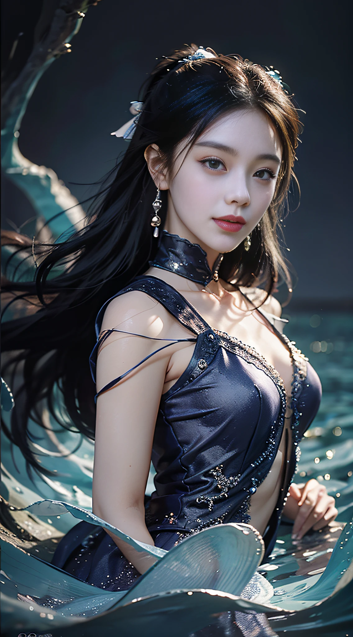 Realistis,tmasterpiece,Best quality at best,Dark theme,best qualtiy,超高分辨率,(Realiy感),(Detailed eyes:1.4),(Realiy,Realiy感:1.4),Perfect lighting,ssmile,(nighttime scene),、standing on your feet、(full bodyesbian)、Close-up of a woman in a blue dress standing in the water, queen of the sea mu yanling, closeup fantasy with water magic, Asian Woman Water Elemental, zhang daqian, author:Li Zai, Ross Tran 8 K, by Yang J, yanjun cheng, Alice X. zhang, digital fantasy art ), Detailed digital 2D fantasy art