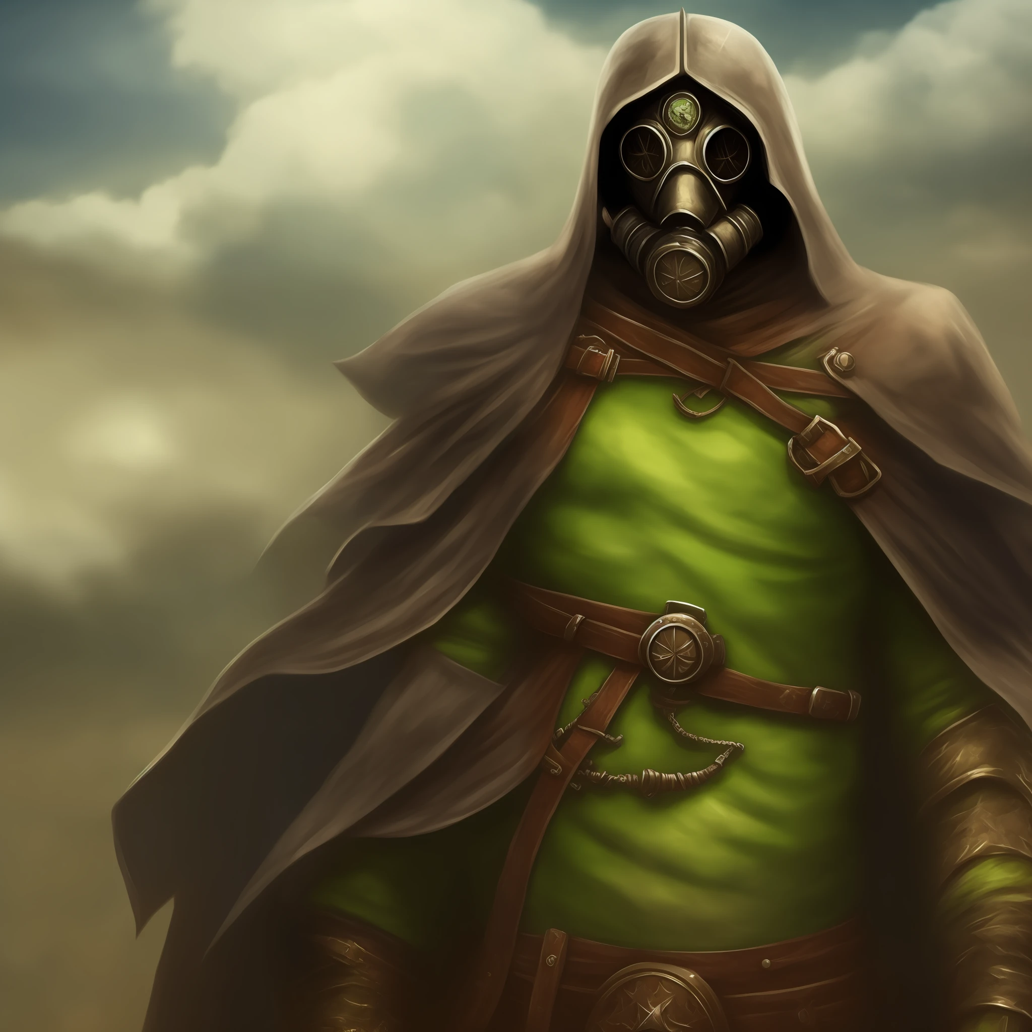 There's a man in a gas mask and green shirt, post - apocalyptic scavenger, Personagem de arte conceitual de RPG, Arte do personagem RPG, espantalho masculino poderoso, epic digital painting, epic fantasy character art, Arte conceitual de personagem de RPG, epic rpg artwork, wearing apocalyptic clothes, epic scifi character art, arte de personagens de videogame, Capa Verde, plague doctor, Personagem de RPG