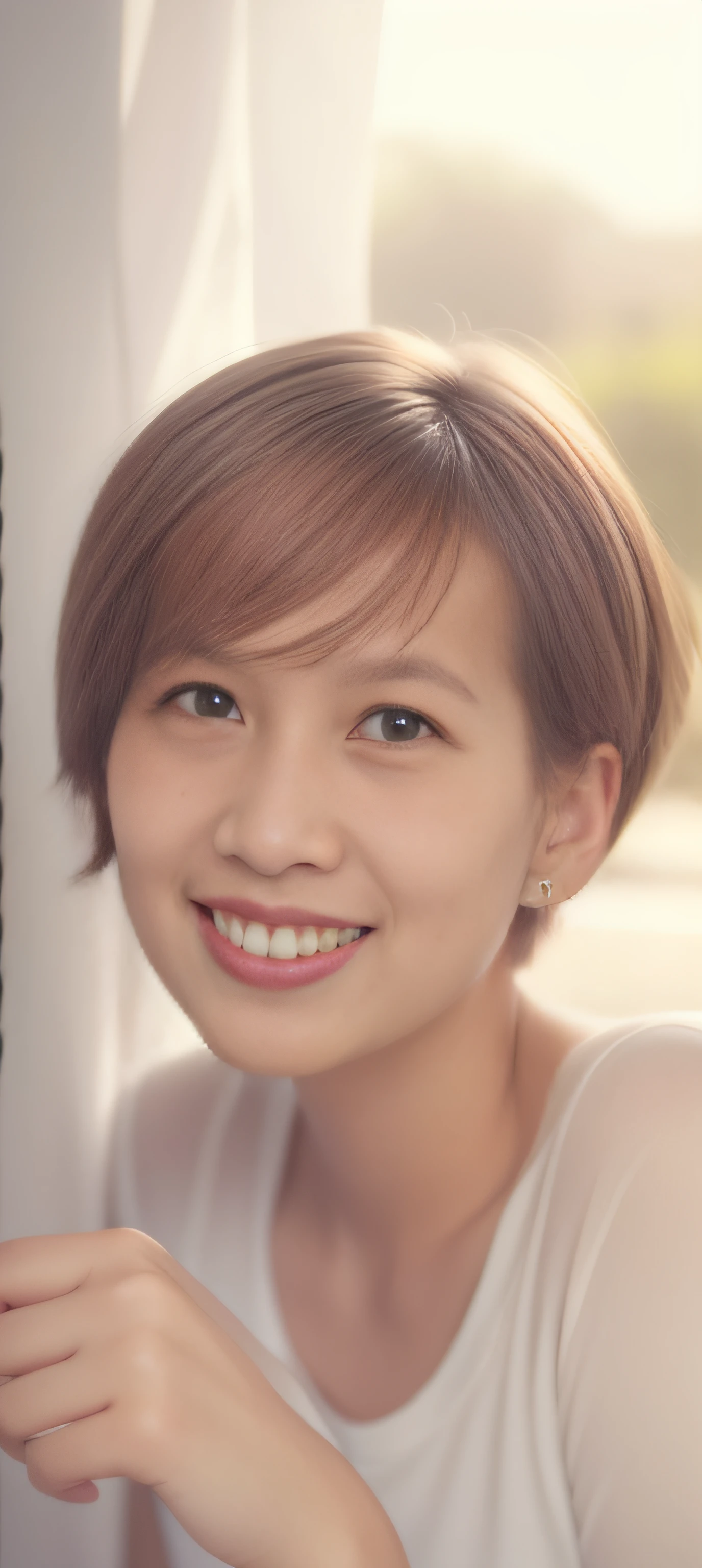 A Beautiful Girl,Age 20,Short Hair Hair,Happy smile,Soft light,
