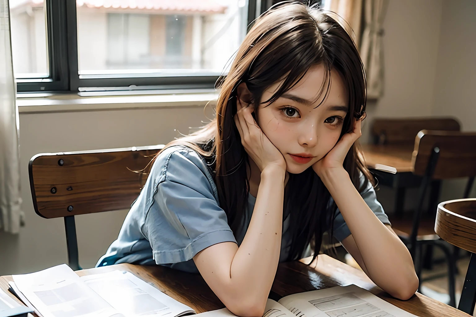 Beutiful women,Study desk,Hands on cheeks,Short clothes