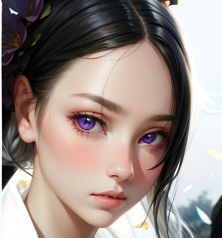 realistic, 1girl, white hair, purple eyes, glowing eyes, crop top, skirt, parted lips, blush, night, flowers, sun, sunlight,