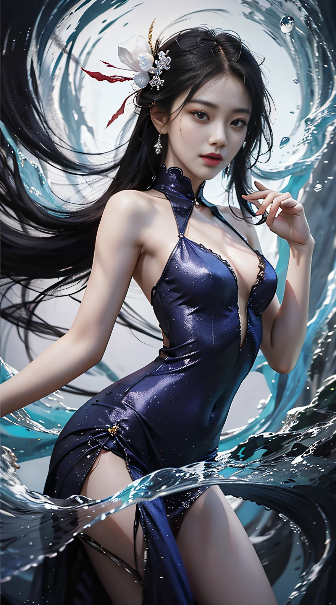 Realistis，tmasterpiece，Best quality at best，Dark theme，best qualtiy，超高分辨率，（Realiy感），（Detailed eyes：1.4），（Realiy，Realiy感：1.4），Perfect lighting，ssmile，（nighttime scene），、standing on your feet、（full bodyesbian）、Close-up of a woman in a blue dress standing in the water, queen of the sea mu yanling, closeup fantasy with water magic, Asian Woman Water Elemental, zhang daqian, author：Li Zai, Ross Tran 8 K, by Yang J, yanjun cheng, Alice X. zhang, digital fantasy art ), Detailed digital 2D fantasy art