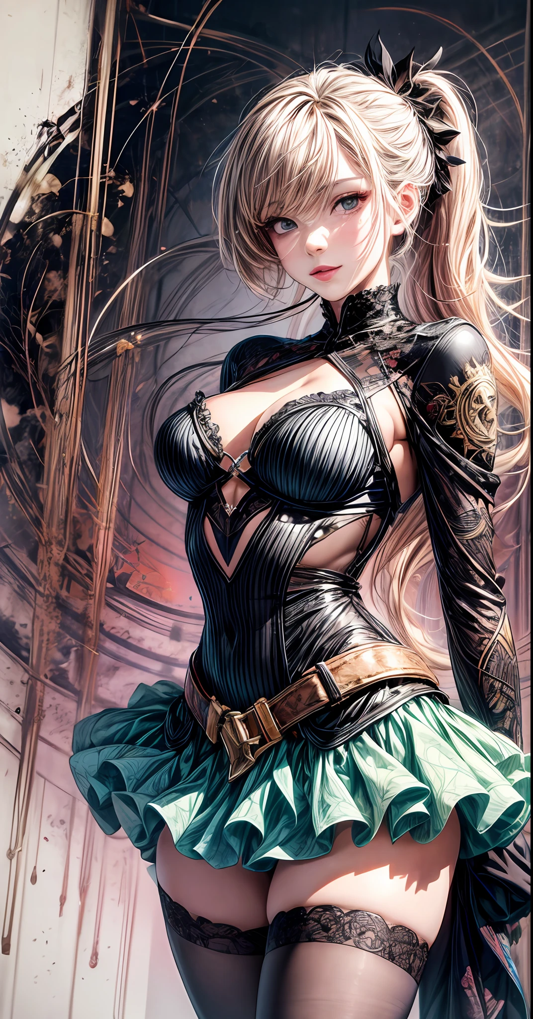 official art, unity 8k wallpaper, ultra detailed, beautiful and aesthetic, masterpiece, best quality, (zentangle, mandala, tangle, entangle), (fractal art:1.3) ,( 1girl:1.4), extremely detailed, dynamic angle, cowboyshot, the most beautiful form of chaos, elegant, a brutalist designed, vivid colours, romanticism, by james jean, roby dwi antono, ross tran, francis bacon, michal mraz, adrian ghenie, petra cortright, gerhard richter, takato yamamoto, ashley wood, atmospheric, ecstasy of musical notes, streaming musical notes visible,gears,Masterpiece, Super Fine Photo, Best Quality, Ultra High Resolution, Photorealistic Photorealism, Sunlight, Full Body Portrait, Amazing Beauty (Masterpiece), (Best Quality), Perfect Figure, Ultra Detailed, Detailed Face, Girl, Best Quality, red high heels, white lace thighhigh, white gater belt, hem frill flared skirt, blonde long ponytail, green eyes, 1wowan, beautiful face, beautiful eyes, slender body, healthy thighhigh, detailed background, smile, pink lip, more_details:1.5,add_detail:1