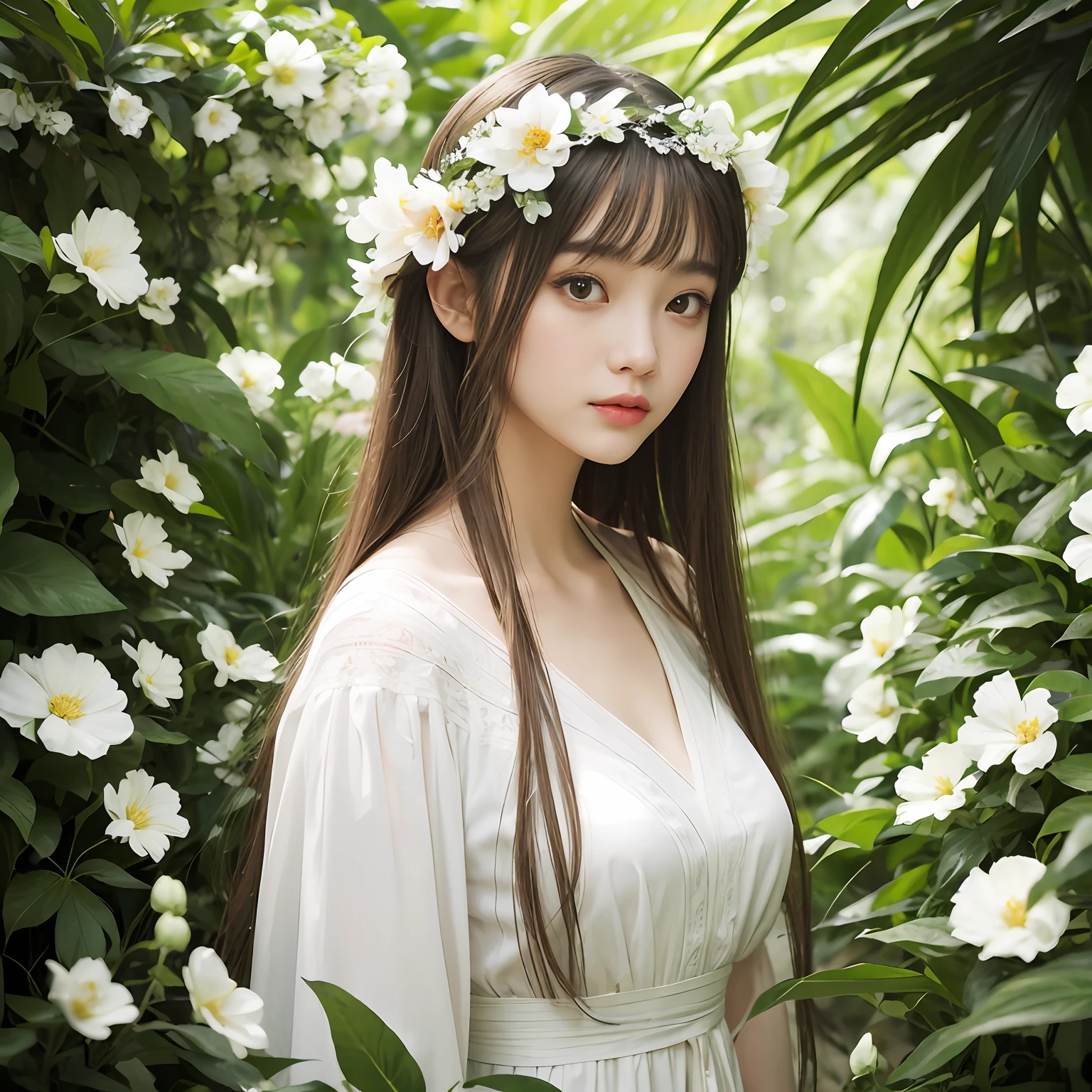 Classical beauty，No bangs，looking to the camera，largeeyes，mid - length hair，Wear floral hair accessories，White clothes，jungle backdrop，A trail in a sea of flowers，Real Human，hyper realisitc，Carefully portray the face