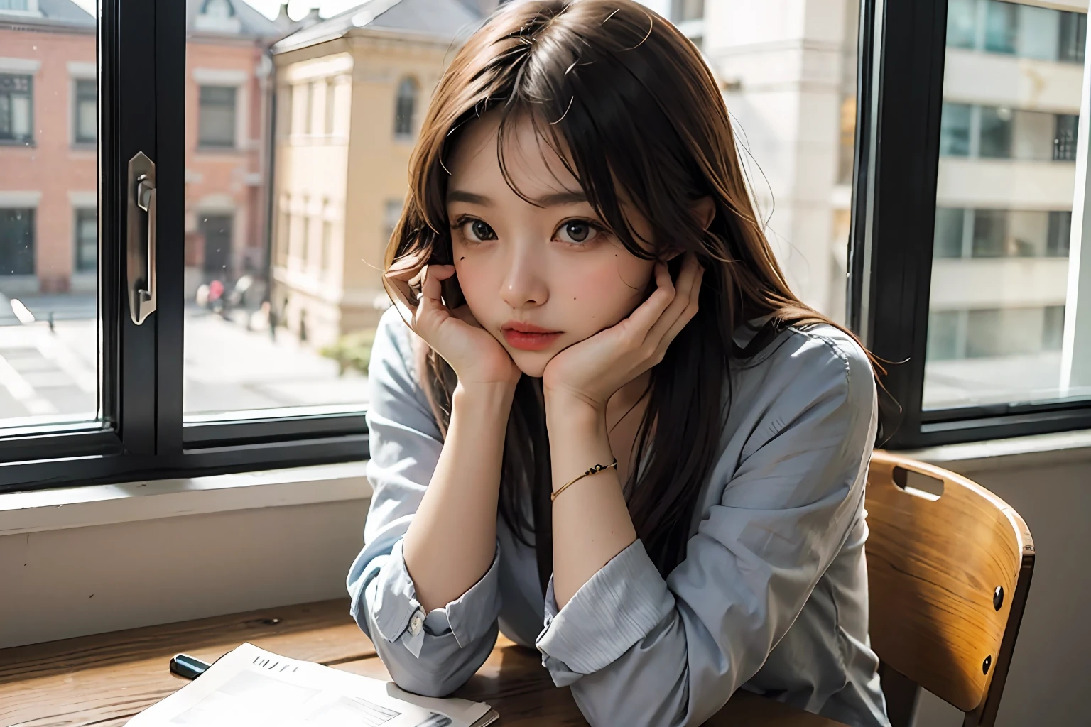 Beutiful women，Study desk，Hands on cheeks，Short clothes