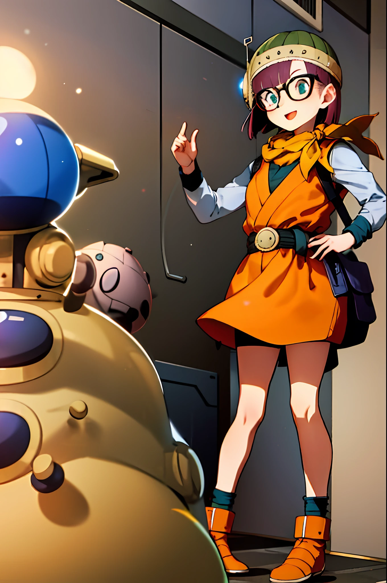 lucca, 1girl, solo, purple hair, short hair, helmet, glasses, standing, yellow scarf, vest, smile, machinery, indoors, Akira Toriyama style. Robots in background