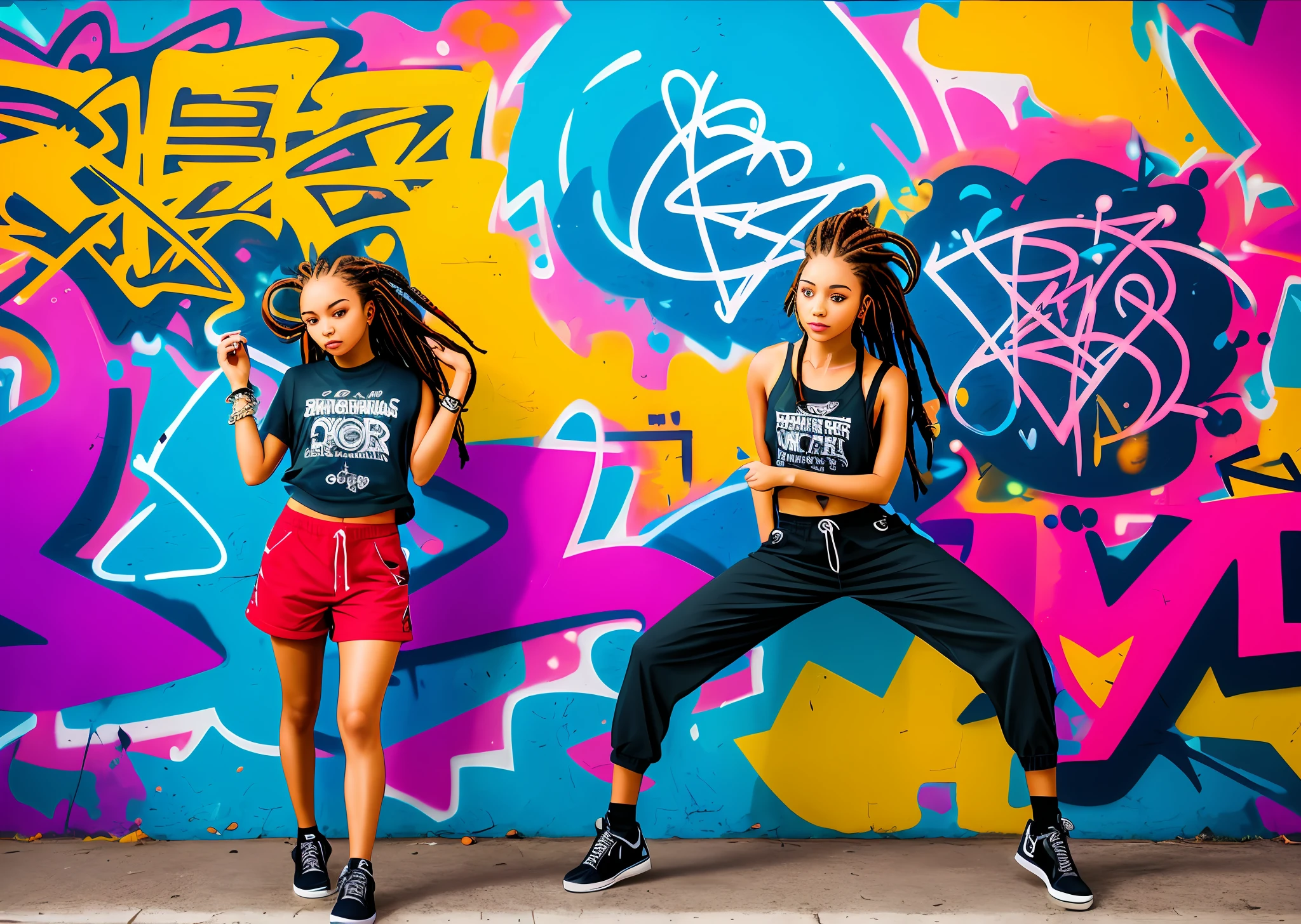 girl with braids, girl with dreadlocks, hip hop style, cypher dance, big city, graffiti wall on background, ultra realistic, UHD, 16k, natural lights, masterpiece-imagine