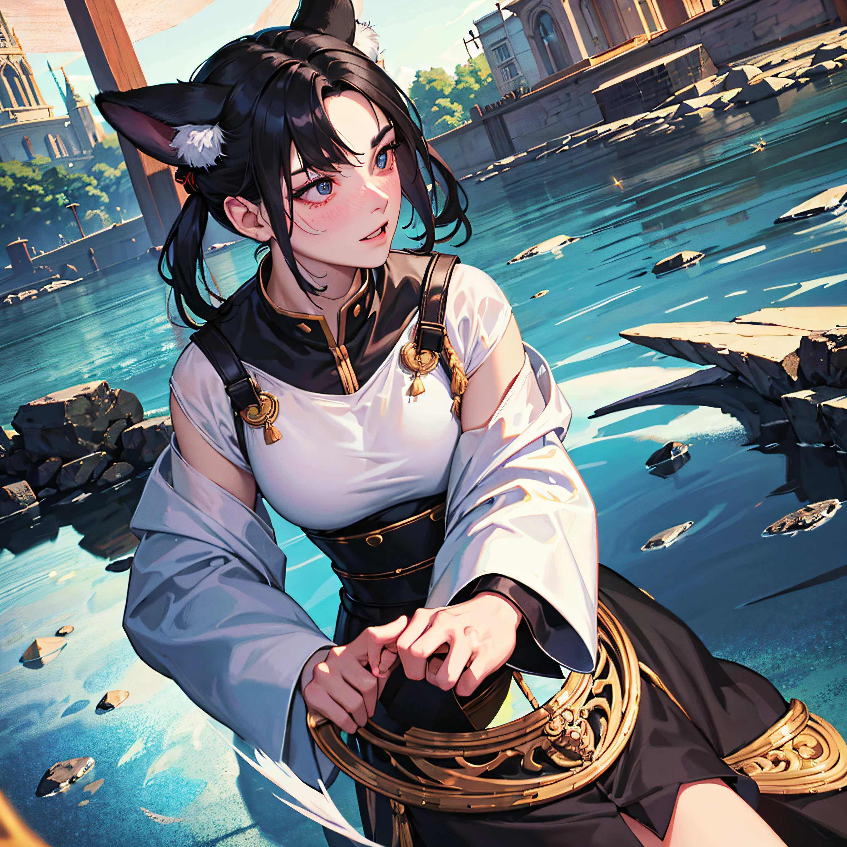 black hair, hair bobbles, wince, longeyelashes, solid circle eyes, fake animal ears, ear blush, fang, Republican style, long eyelasher, Surrealism, drop shadow, anaglyph, stereogram, tachi-e, pov, atmospheric perspective, anime, Romanticism, anime style, chiaroscuro, god rays, reflection light, ray tracing, blending, drop shadow, vignetting, 8k, super detail, ccurate, UHD, textured skin, high details, best quality, masterpiece --auto
