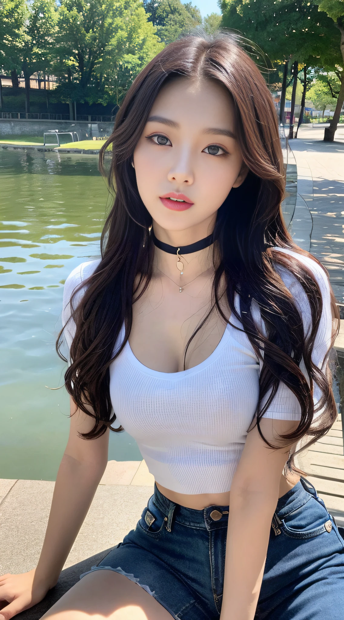 （best qualtiy，A high resolution，tmasterpiece：1.3），A tall and beautiful woman，Slender abs，Dark brown hair in loose wavy styling，weeping，wearing a choker，Red buttoned shirt，Sitting by the lake，（Modern architecture in background），Beautifully rendered details in face and skin textures，Detailed eyes，二重まぶた，Selfie angle