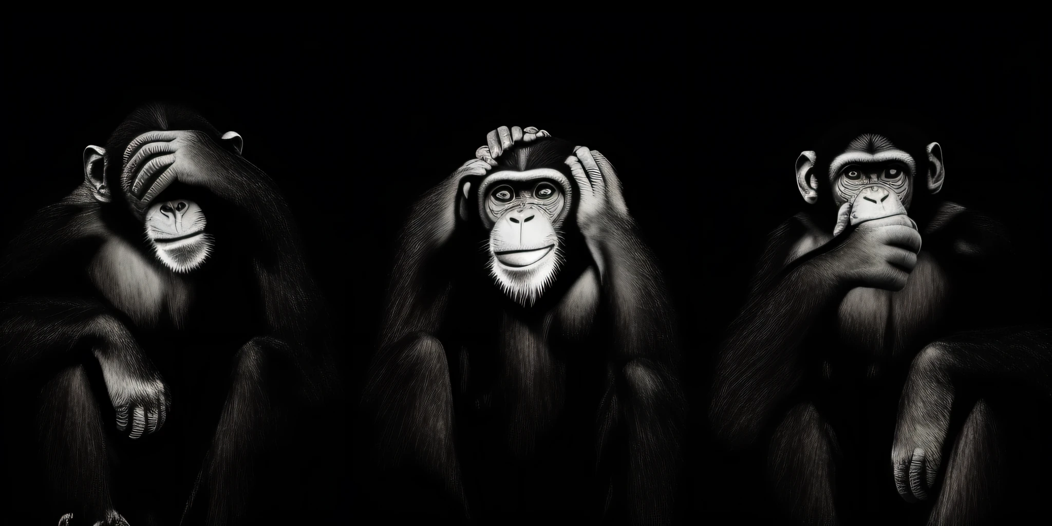 Three monkeys with their hands on their heads in the dark, hear no evil, don't see, Does not speak, macaco , Portrait of the chimpanzee in space, chimp, pensador, Assunto= chimp, Macacos, Directed by: Dietmar Damerau, olhando desta forma, no fundo preto, olhar arrogante, em estilo de macacos primais, realista, 8k --auto