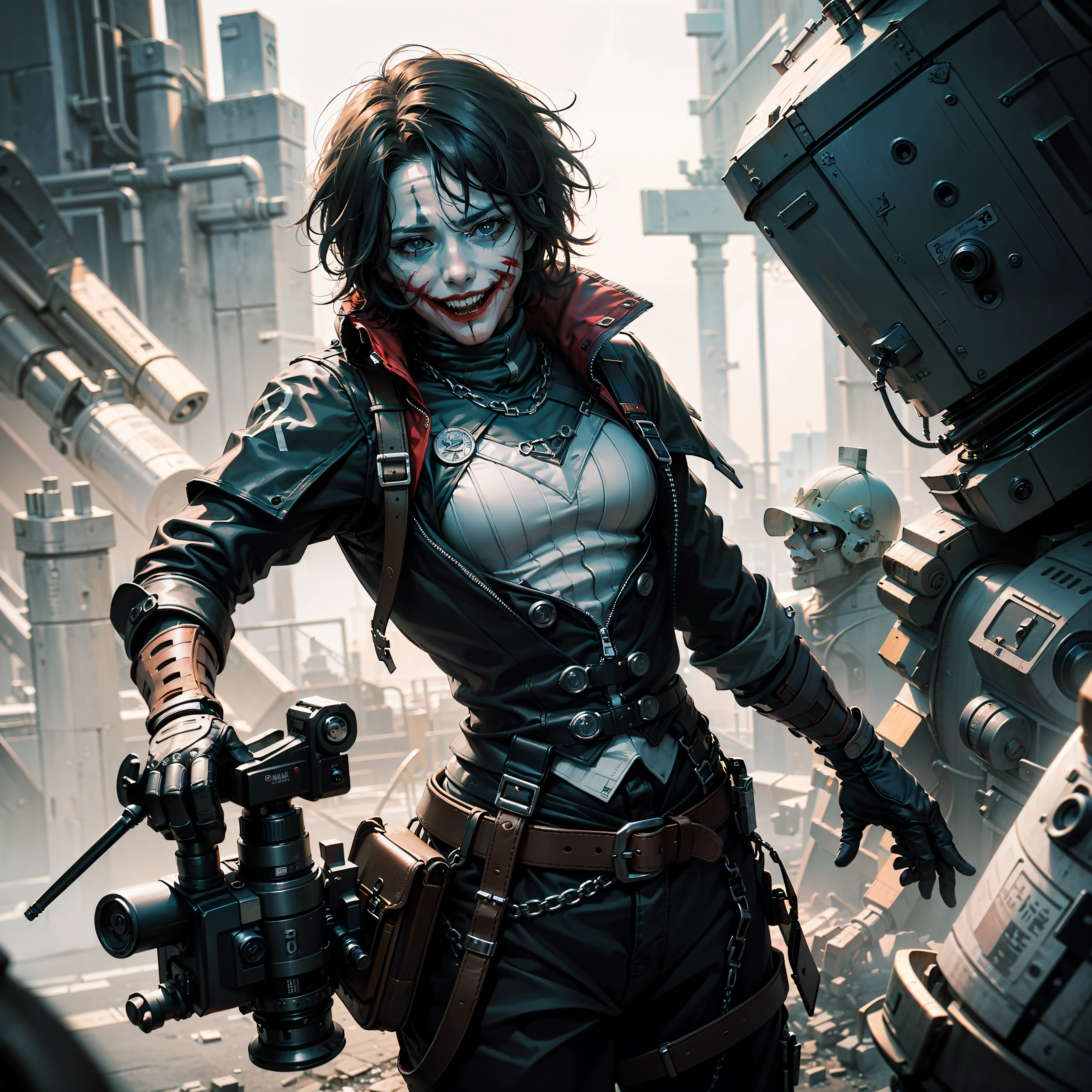 (8k, RAW photo, best quality, masterpiece:1.2), ultra detailed, official art, photo-realistic:1.37, upper body shot, DC Joker, film grain, action pose