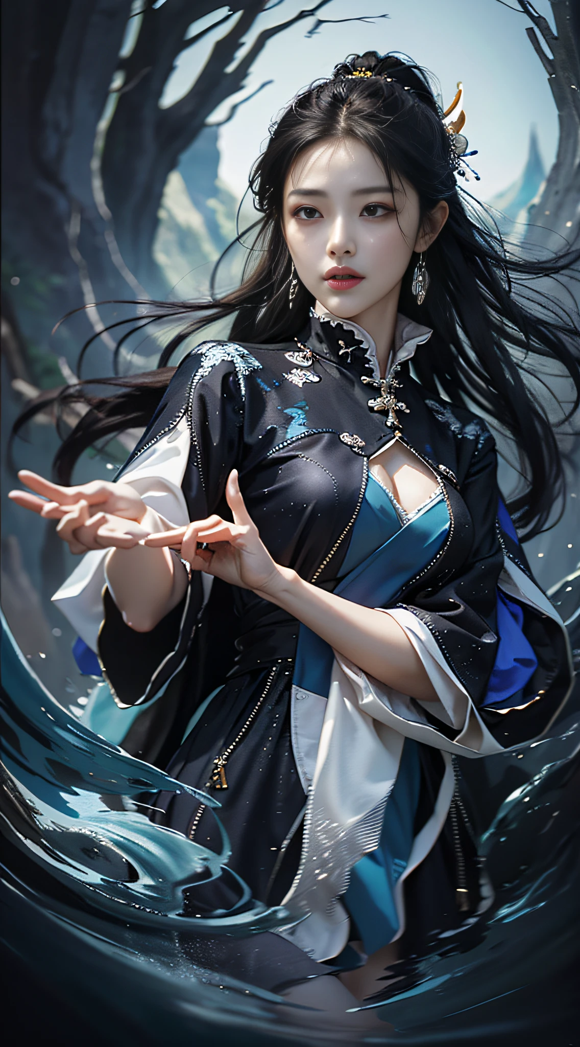 Realistis,tmasterpiece,Best quality at best,Dark theme,best qualtiy,超高分辨率,(Realiy感),(Detailed eyes:1.4),(Realiy,Realiy感:1.4),Perfect lighting,ssmile,(nighttime scene),、standing on your feet、(full bodyesbian)、Close-up of a woman in a blue dress standing in the water, queen of the sea mu yanling, closeup fantasy with water magic, Asian Woman Water Elemental, zhang daqian, author:Li Zai, Ross Tran 8 K, by Yang J, yanjun cheng, Alice X. zhang, digital fantasy art ), Detailed digital 2D fantasy art