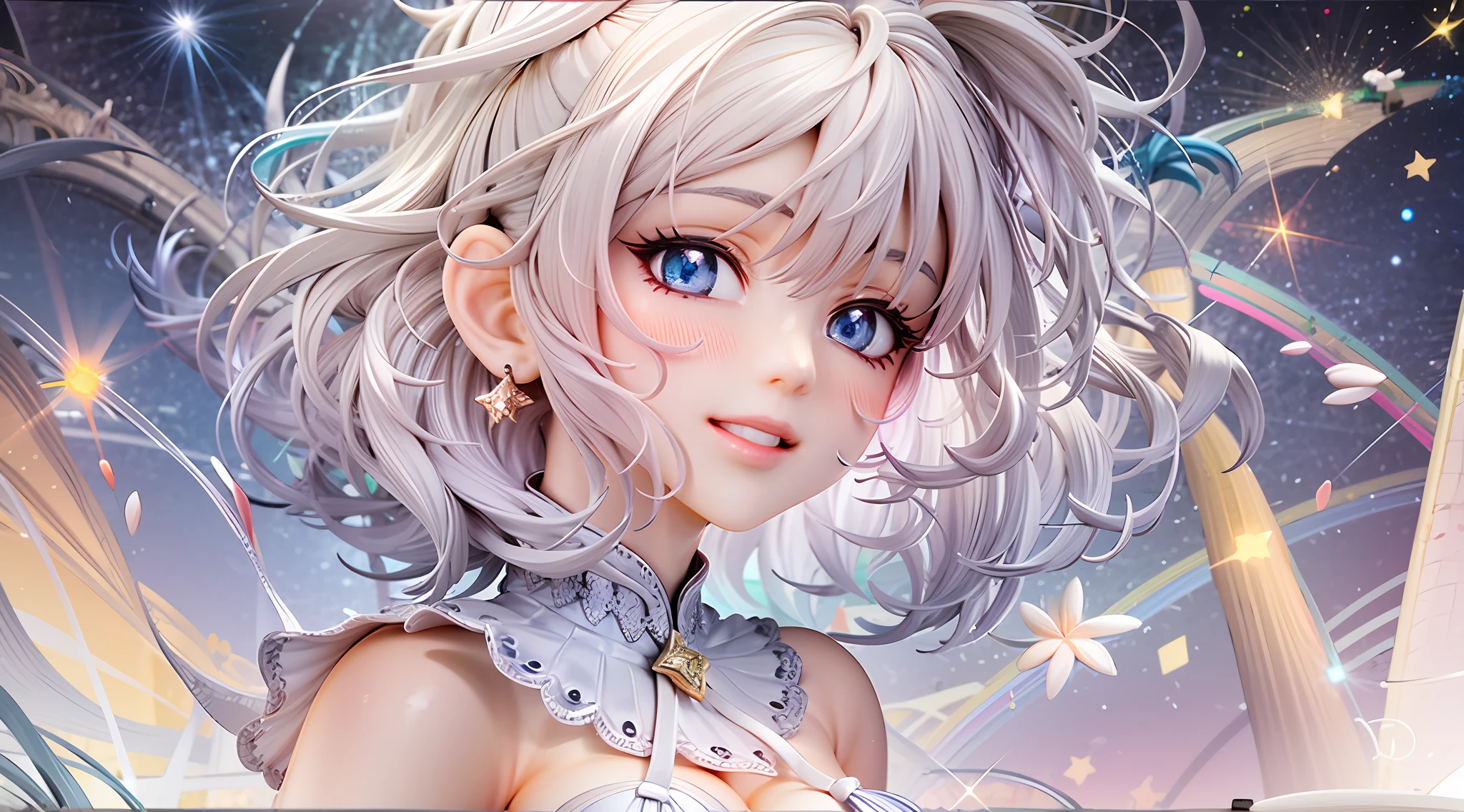 1girl, beautiful eye, smile, rainbow (prism effect), starlight white, blessed girl, joyful expression with subtle blush, platinum blonde, short cut, chin-length, jewel-like sparkling blue eyes, looking up at the starry sky with glittering eyes, night sky with falling stars and prism-effect shooting stars, hair glows with a soft light as if reflecting the colors of the universe, subtle shimmering rainbow highlights scattered throughout her hair, delicate white dress shimmering with prismatic sparkles as if woven from starlight, star-themed jewelry adorning her ears and neck, each piece reflecting the colors of the cosmos, iridescent stars gently floating around her as if drawn to her joy, radiant glow enveloping her as she revels in the celestial celebration