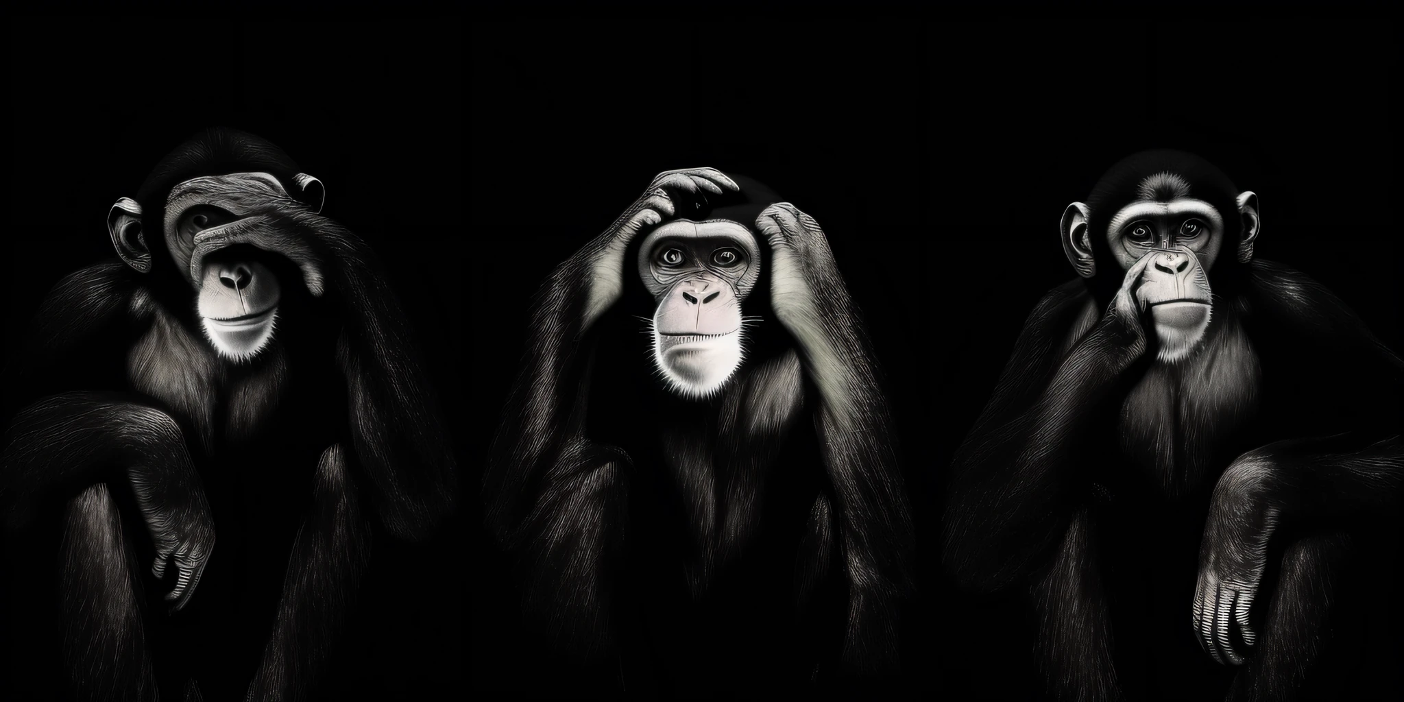 Three monkeys with their hands on their heads in the dark, hear no evil, don't see, Does not speak, macaco , Portrait of the chimpanzee in space, chimp, pensador, Assunto= chimp, Macacos, Directed by: Dietmar Damerau, olhando desta forma, no fundo preto, olhar arrogante, em estilo de macacos primais, realista, 8k --auto