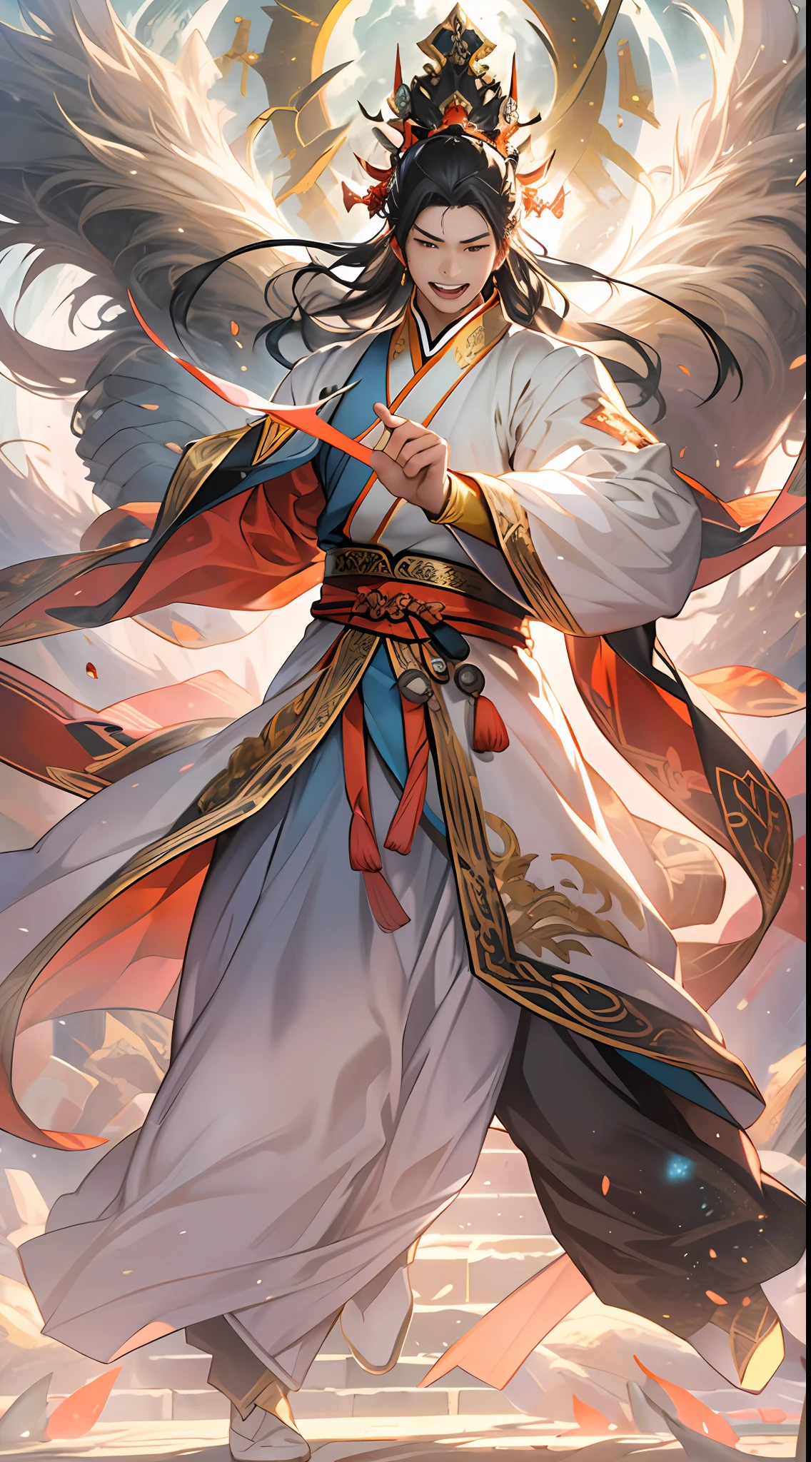 Members of the Ling Shan group cheering and jumping with excitement and joy. Li Gu stands under a radiant pillar of light, surrounded by a mysterious glow. His power is constantly growing, and the air around him seems to be tense. , 32k, best quality, masterpiece, super detail, high details,