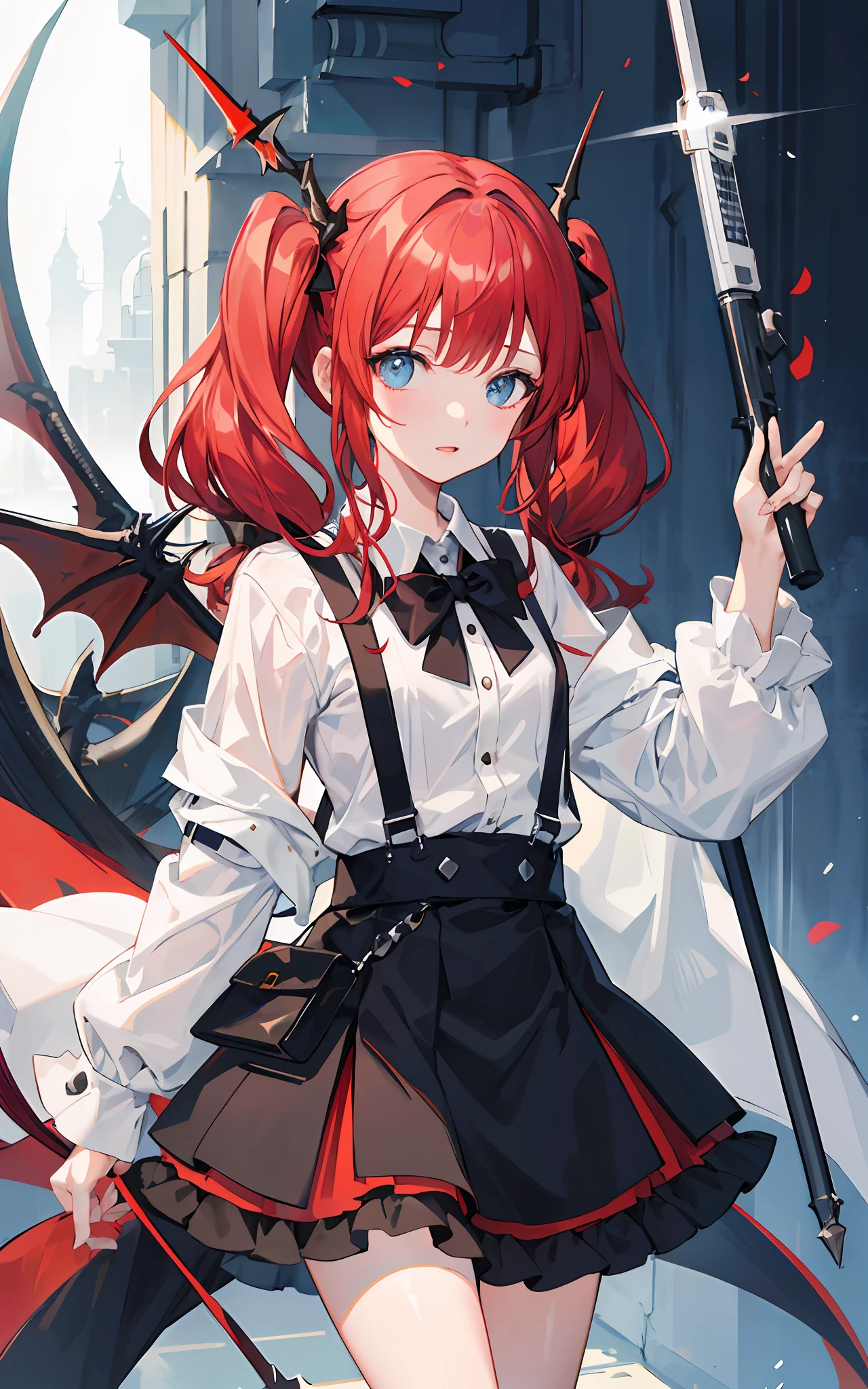 {{best quality}}, {{masterpiece}}, {{ultra-detailed}}, {illustration}, {detailed light}, red hair,blue eyes,twintails,lolita,Suspenders skirt,Fantastic,loli,solo,Dragon horns,little girl,long hair,Arknights
