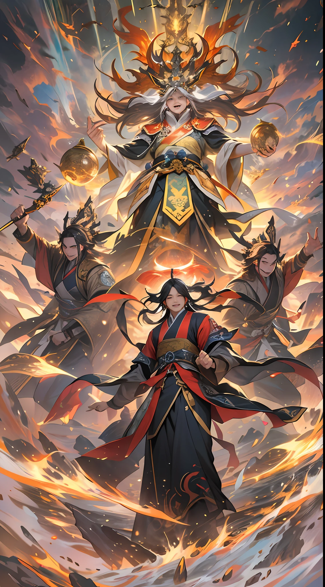 Members of the Ling Shan group cheering and jumping with excitement and joy. Li Gu stands under a radiant pillar of light, surrounded by a mysterious glow. His power is constantly growing, and the air around him seems to be tense. , 32k, best quality, masterpiece, super detail, high details,